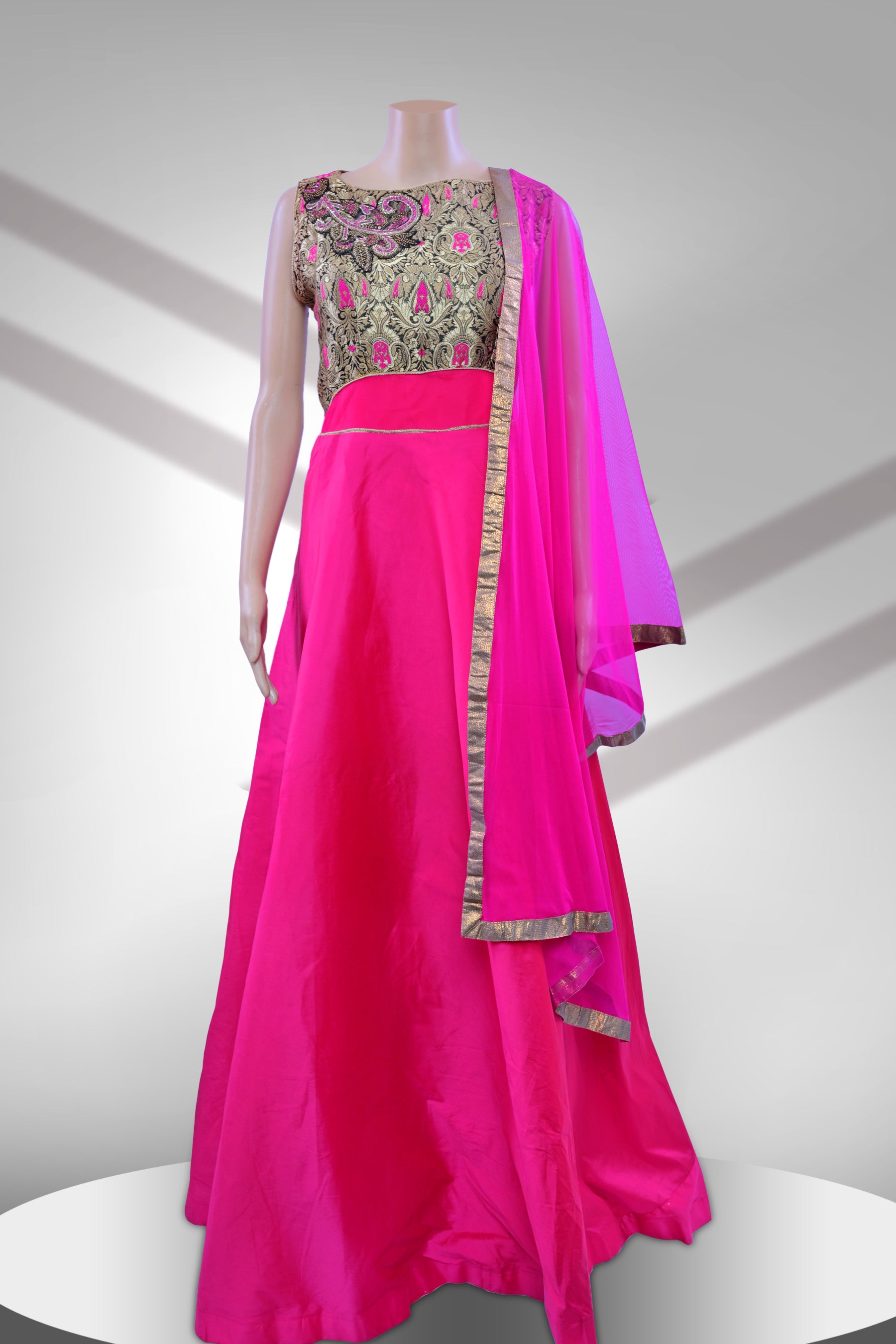 Silk Full Flare Anarkali Long Gown With Banarasi Brocade design KURTI JCS Fashions Pink X-Large (42)