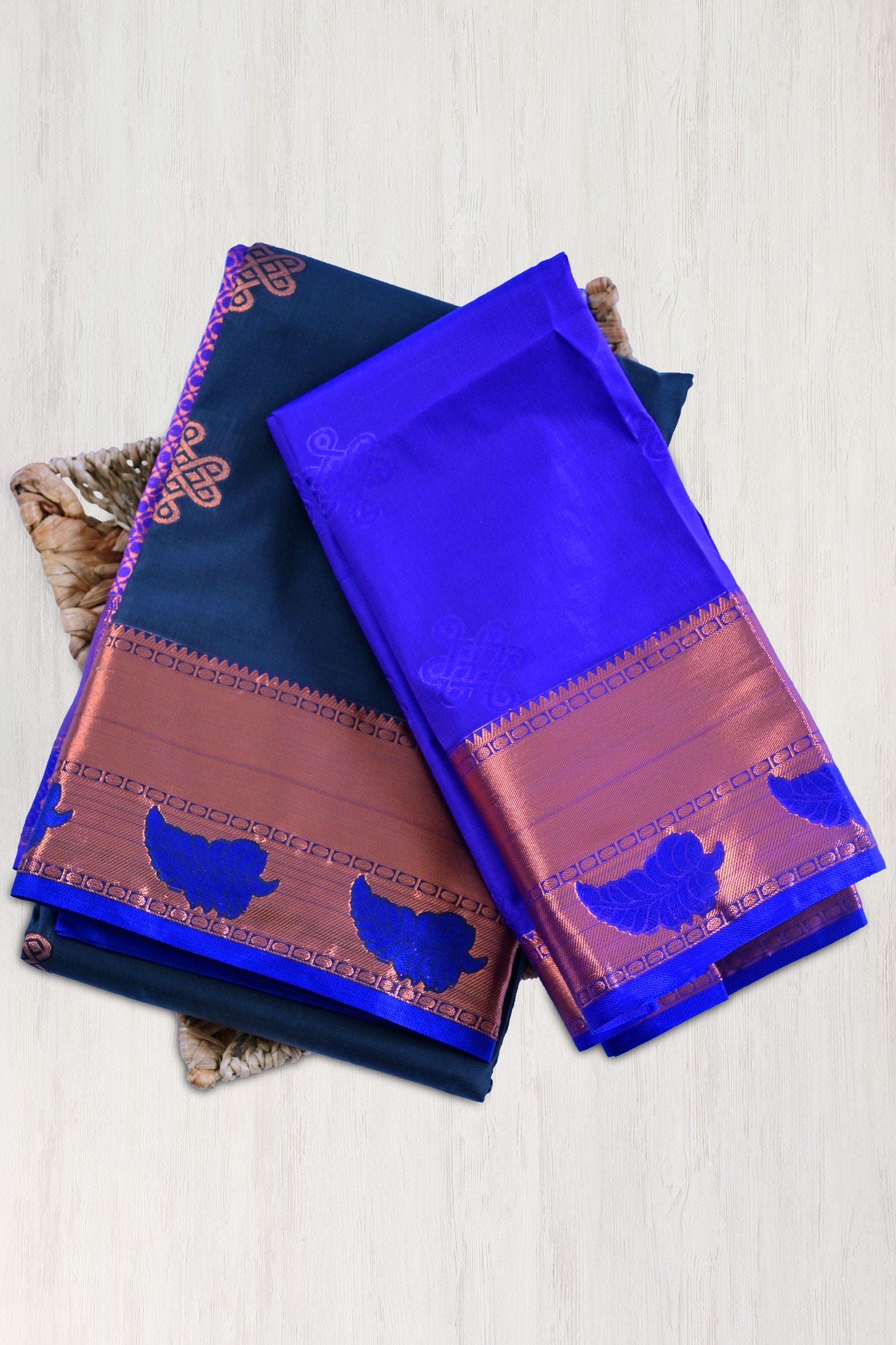 Hand Woven Premier Copper Zari Rangoli Saree with Designer Borders