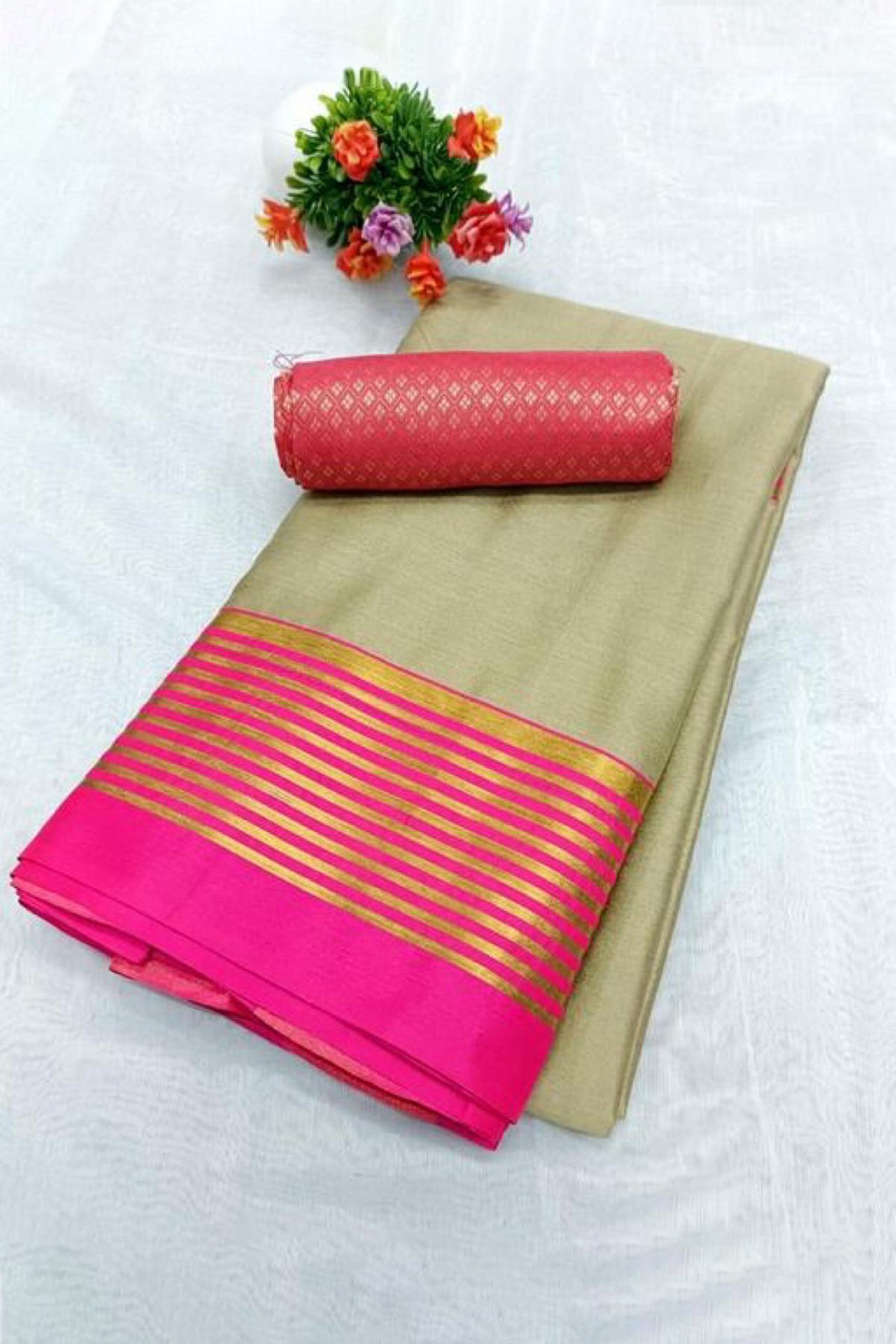 Versatile Solid Art Silk Women's Saree with Jaquard Blouse Piece Saree JCS Fashions Grey Olive &Pink 5.5 Meters