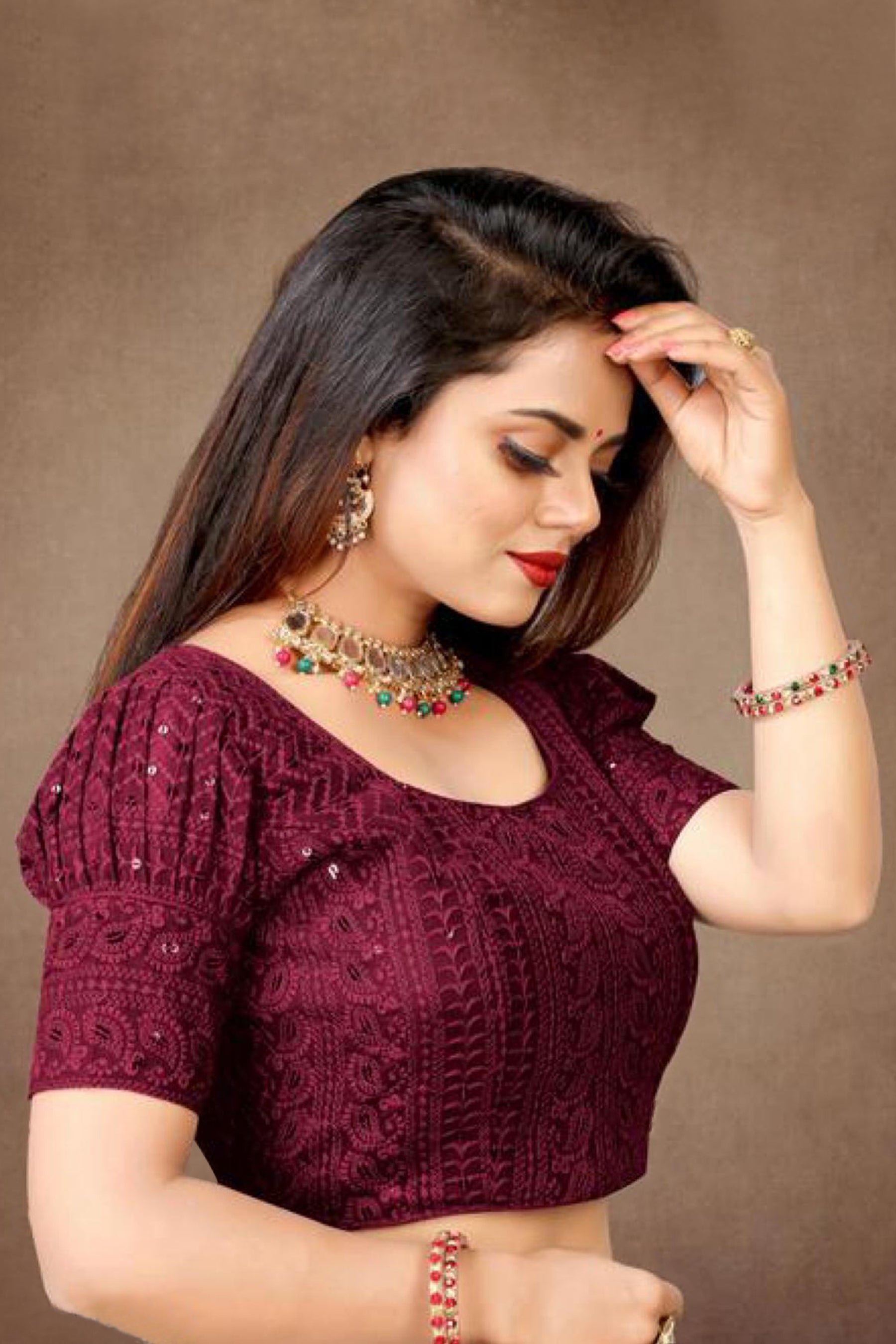 Chic Georgette Puff Sleeve Blouse with Embroidery | JCSFashions Blouse JCS Fashions Maroon 36