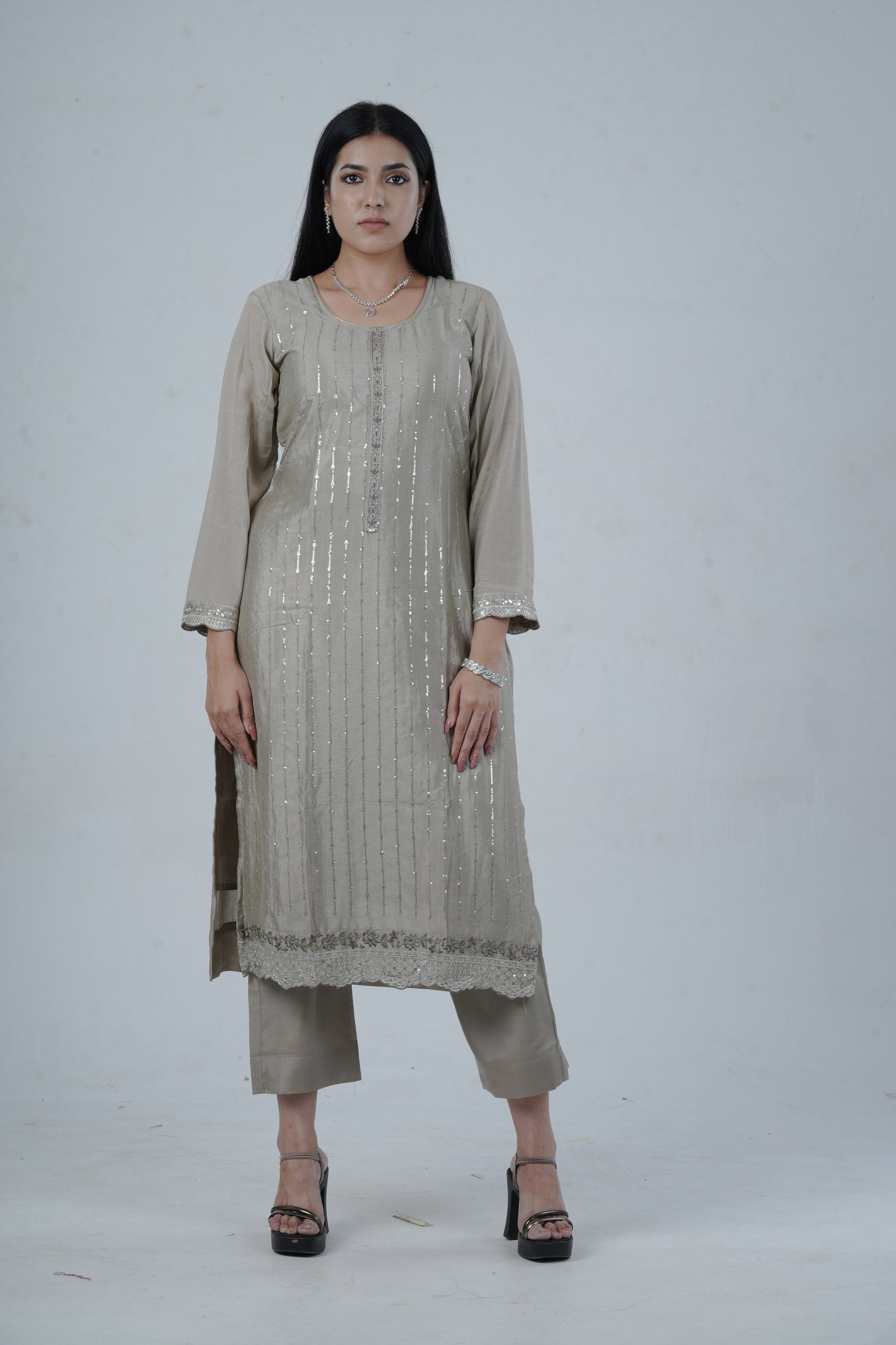 Embroidered Sequin Work Soft Chinnon Salwar Kameez - Elegant and Trendy Kurti JCS Fashions