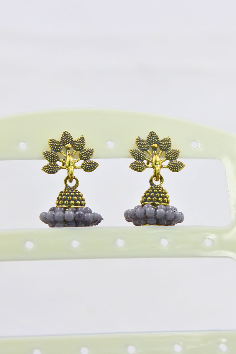 Gold-Plated Oxidised Jhumka Earrings with Faux Pearls & Meenakari Accent