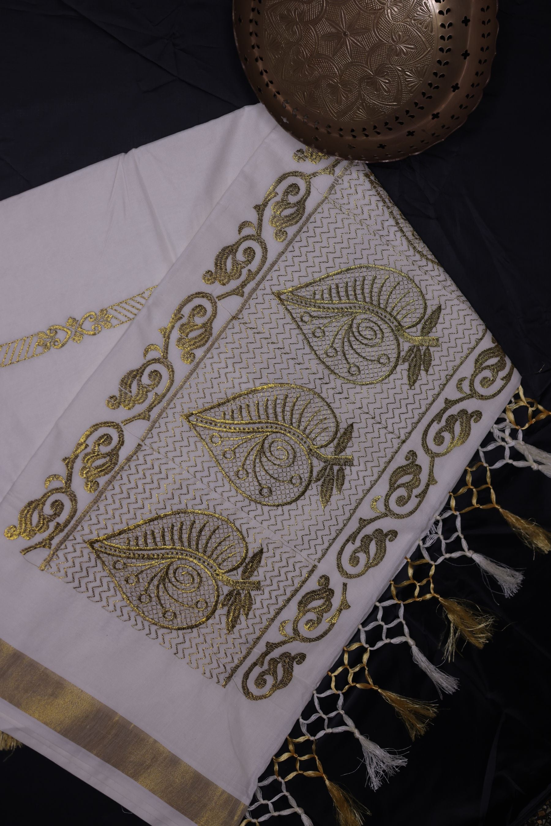 Premium Kerala Cotton Saree with Embroidery and Copper Zari Border Saree JCS Fashions