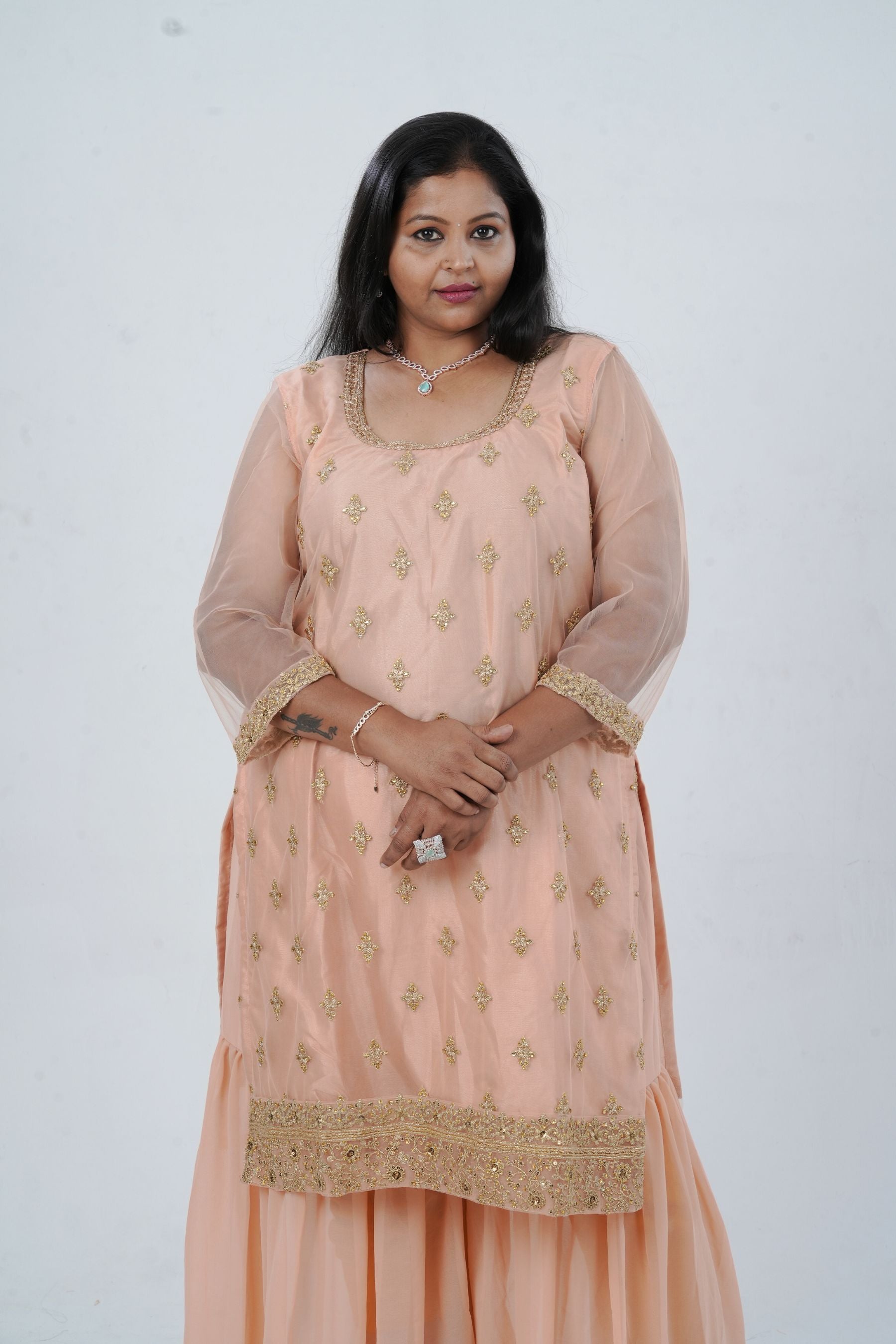 Plus Size: Ethnic Elegance: Soft Net Sharara in Peach KURTI JCS Fashions