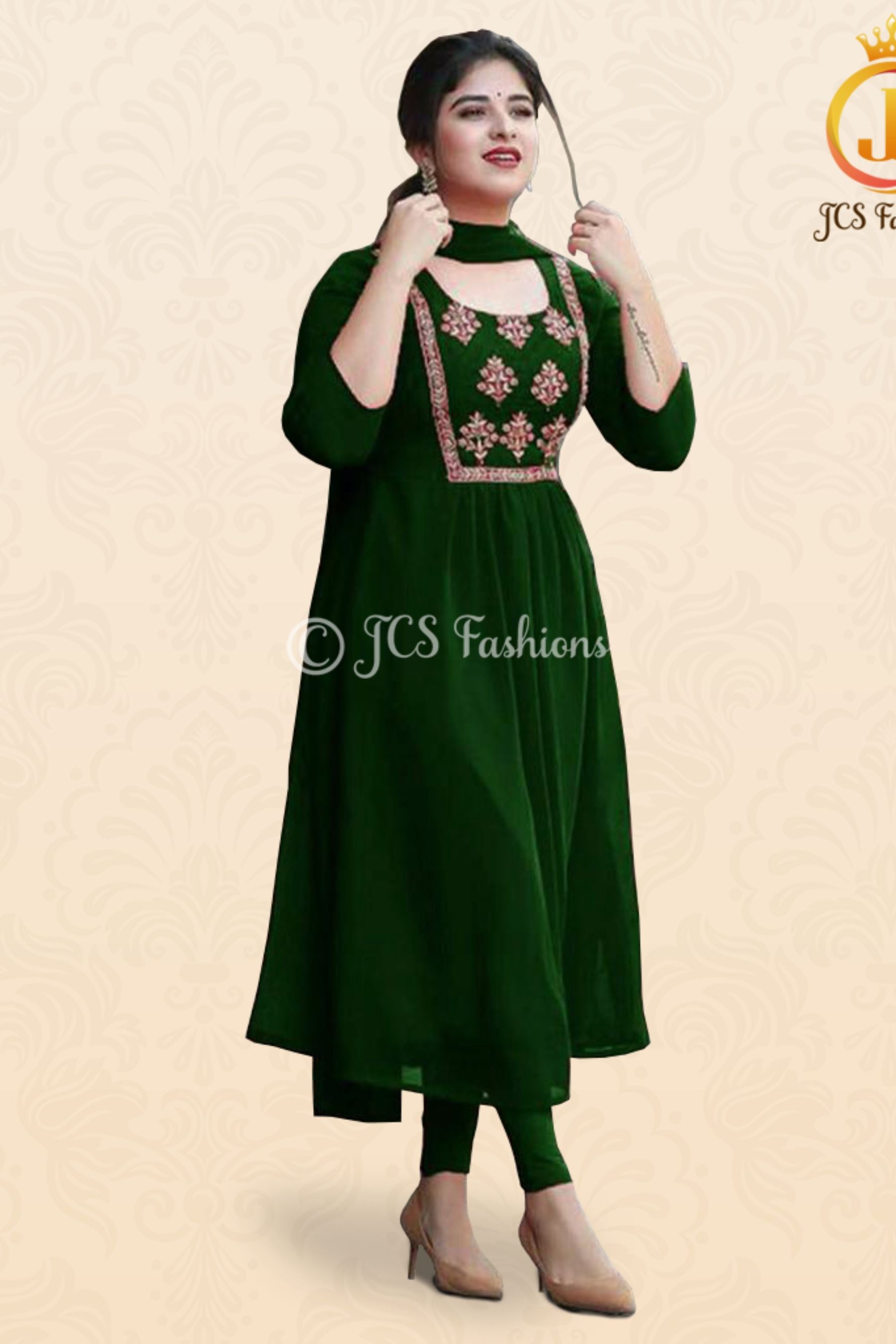 Embroidery Work Anarkali Dress with Bottom and Dupatta KURTI JCS Fashions Green Medium (38)