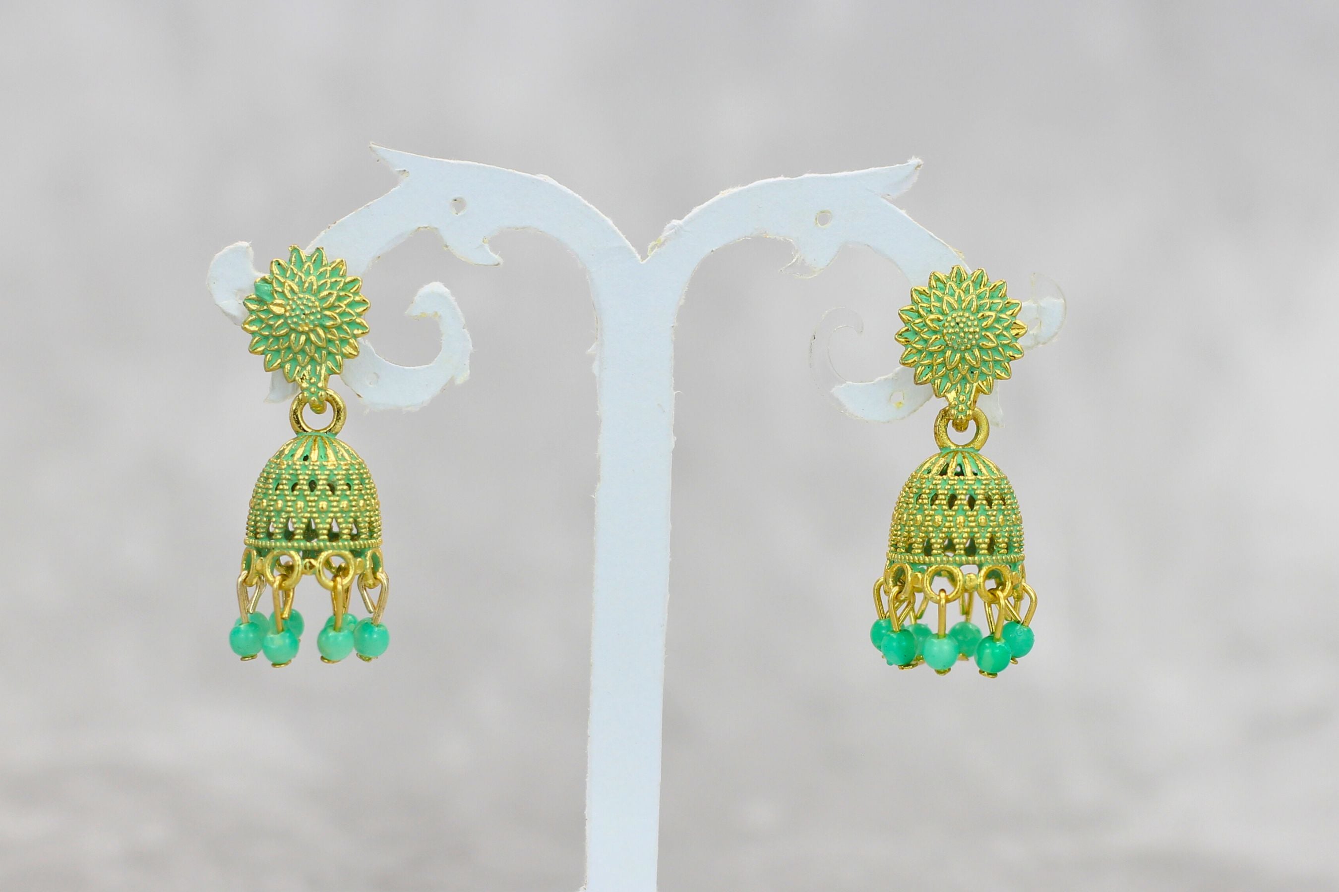 Opulent Gold Plated Jhumkas with Pearls - Durable & Elegant Earrings Jewelry JCS Fashions Light Green 1.3 inch