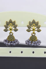 Gold-Plated Oxidised Jhumka Earrings with Faux Pearls & Meenakari Accent