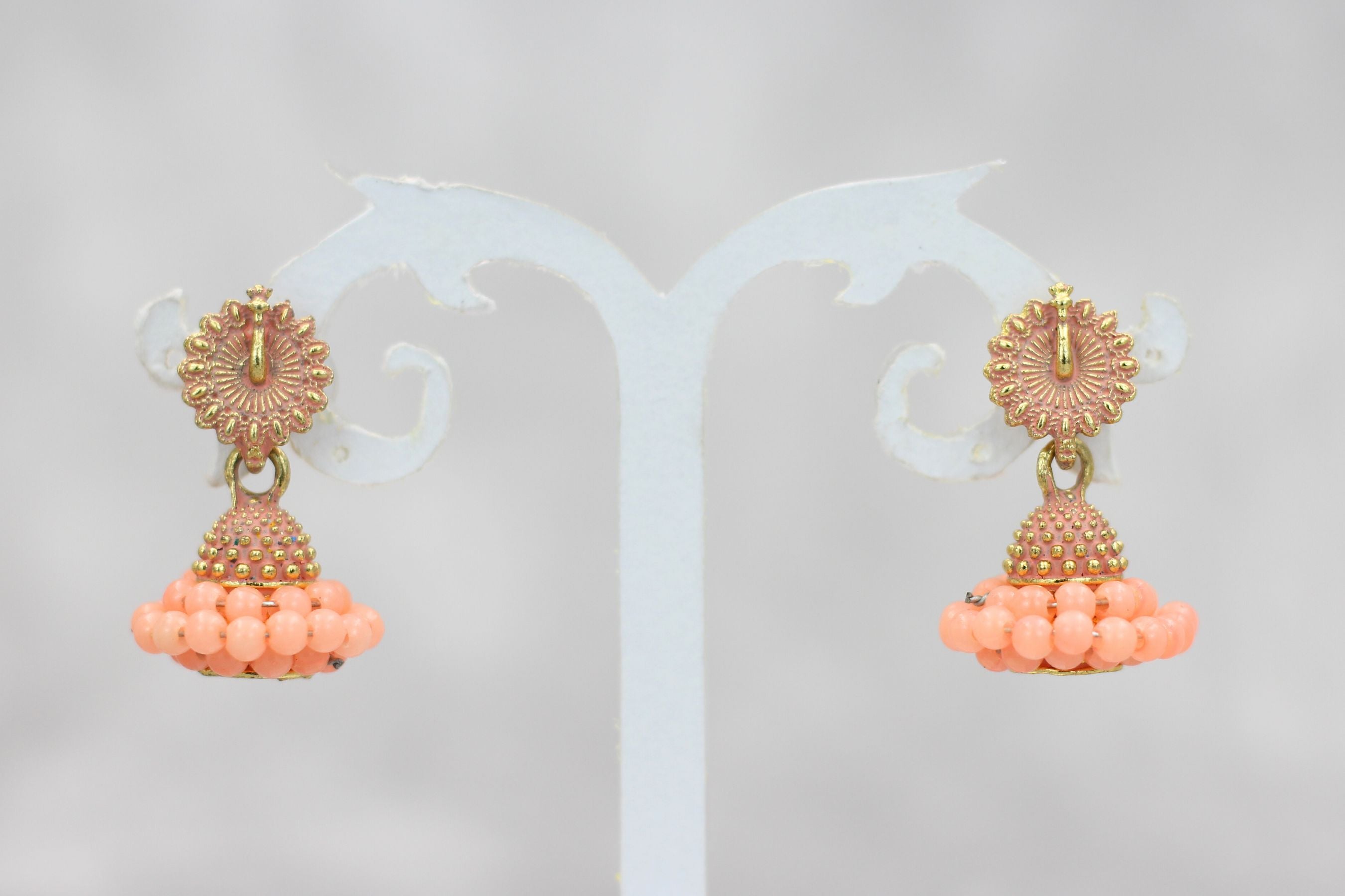 Regal Gold-Plated Oxidized Jhumka Earrings with Pearls - Ethnic Glamour Jewelry JCS Fashions Peach 1 inch