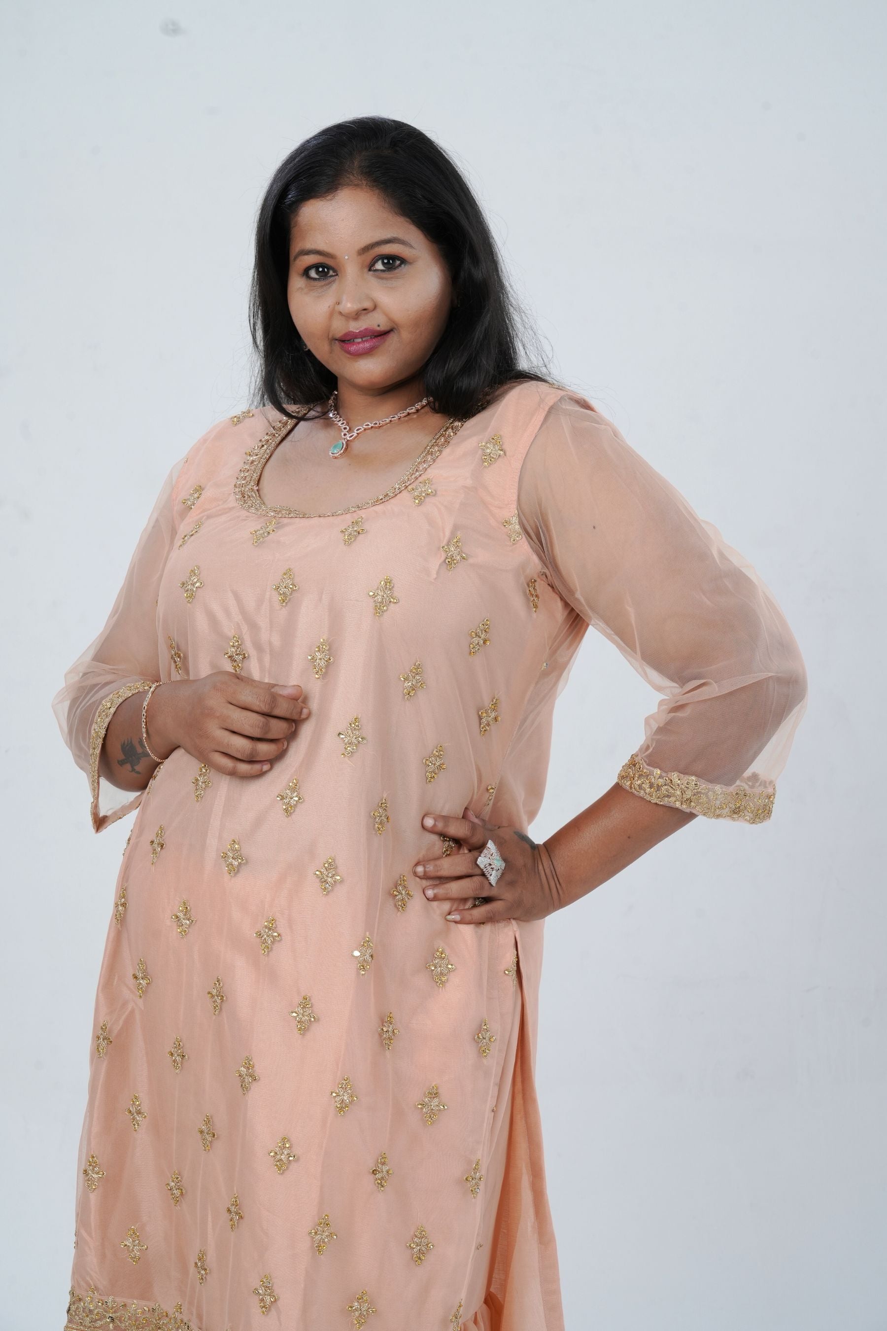 Plus Size: Ethnic Elegance: Soft Net Sharara in Peach KURTI JCS Fashions