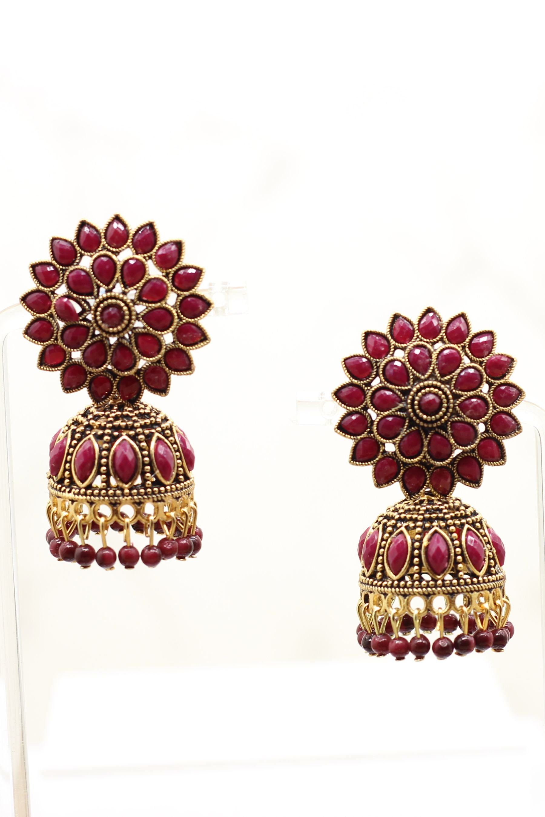 Antique Gold Jhumka Earrings: Elegant Beads, Explore Chic Glam Jewelry JCS Fashions Maroon 2"