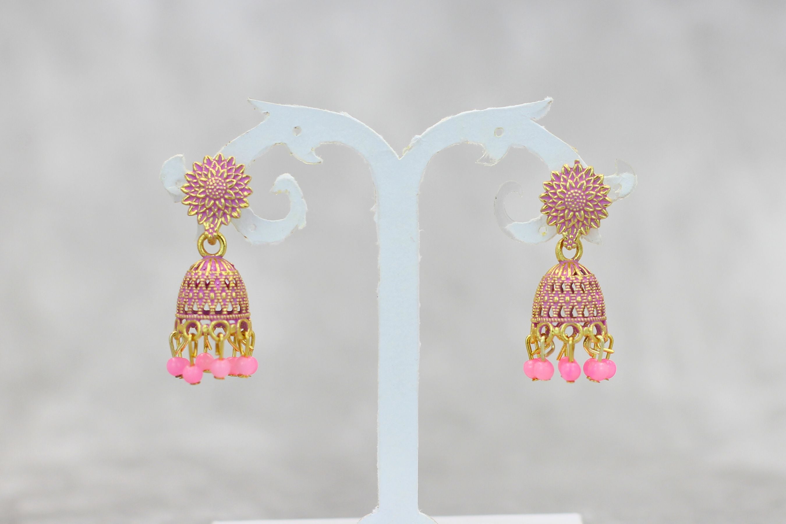 Opulent Gold Plated Jhumkas with Pearls - Durable & Elegant Earrings Jewelry JCS Fashions Baby pink 1.3 inch