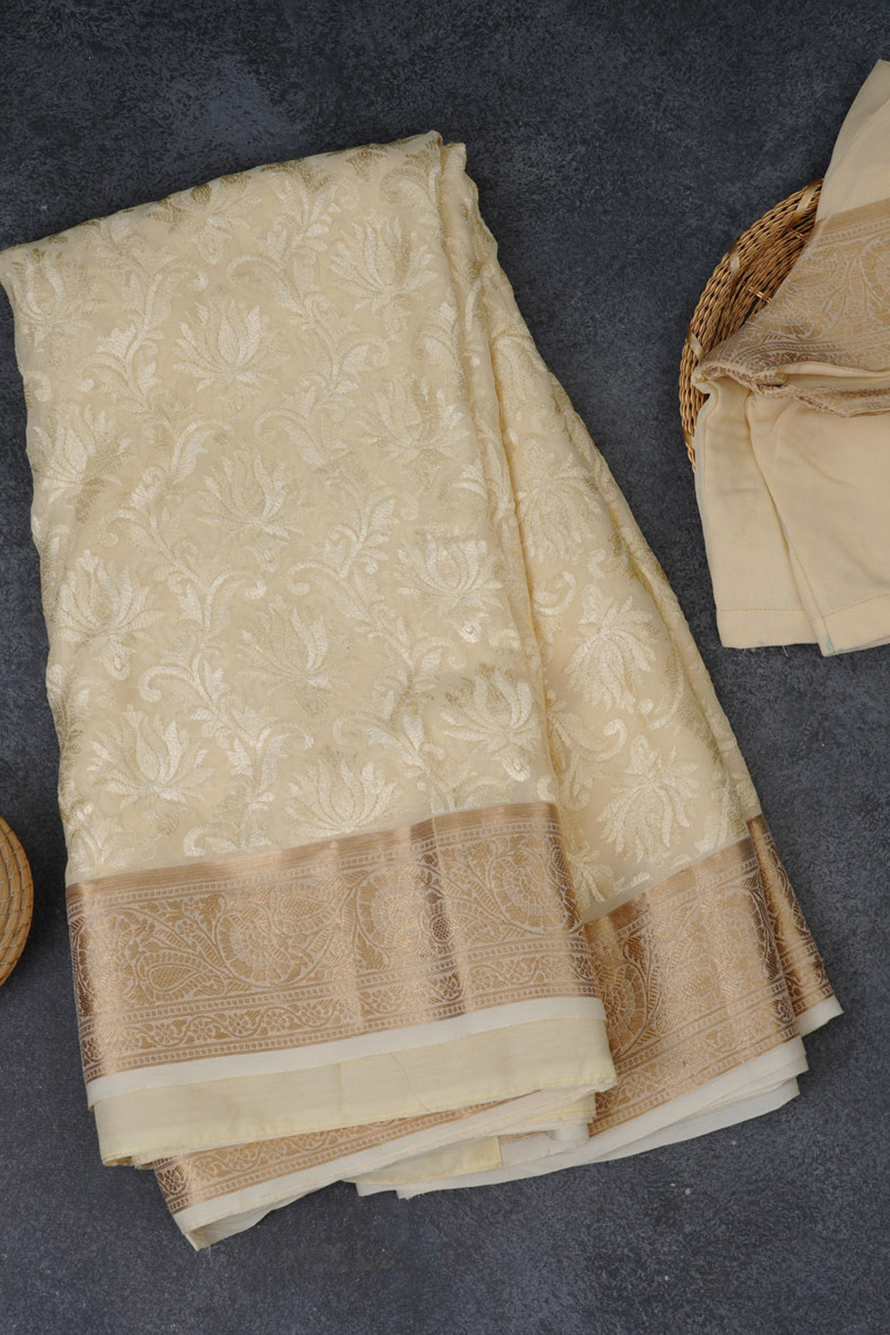 Opulent Chickenkari Georgette Saree with Stunning Zari Border Saree JCS Fashions Beige 5.5 meters