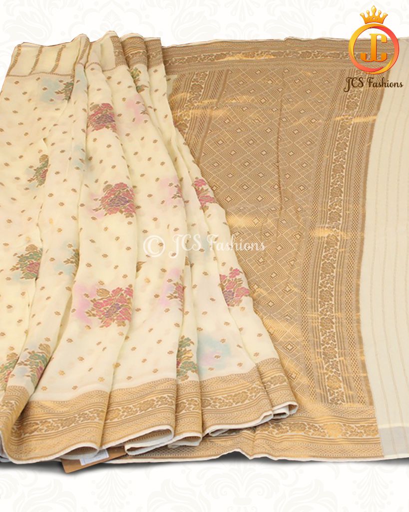 Women's Banarasi Pure Georgette Saree With Blouse Stitched SAREE JCS Fashions Cream 5.5 meters