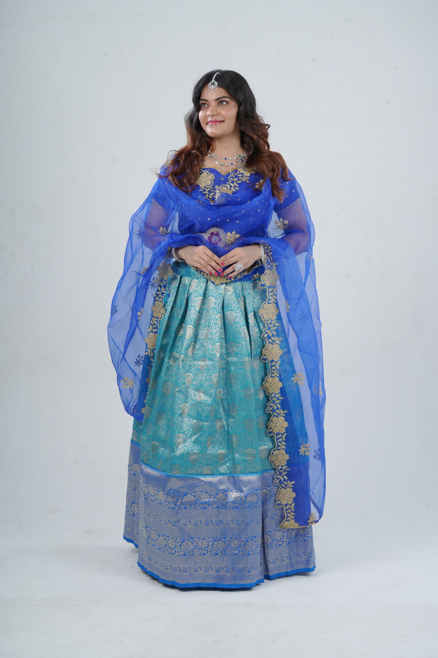 Elegant Kanchipuram Silk Lehenga with Zari Border & Beaded Organza Dupatta LEHENGA JCS Fashions Blue Medium (38)