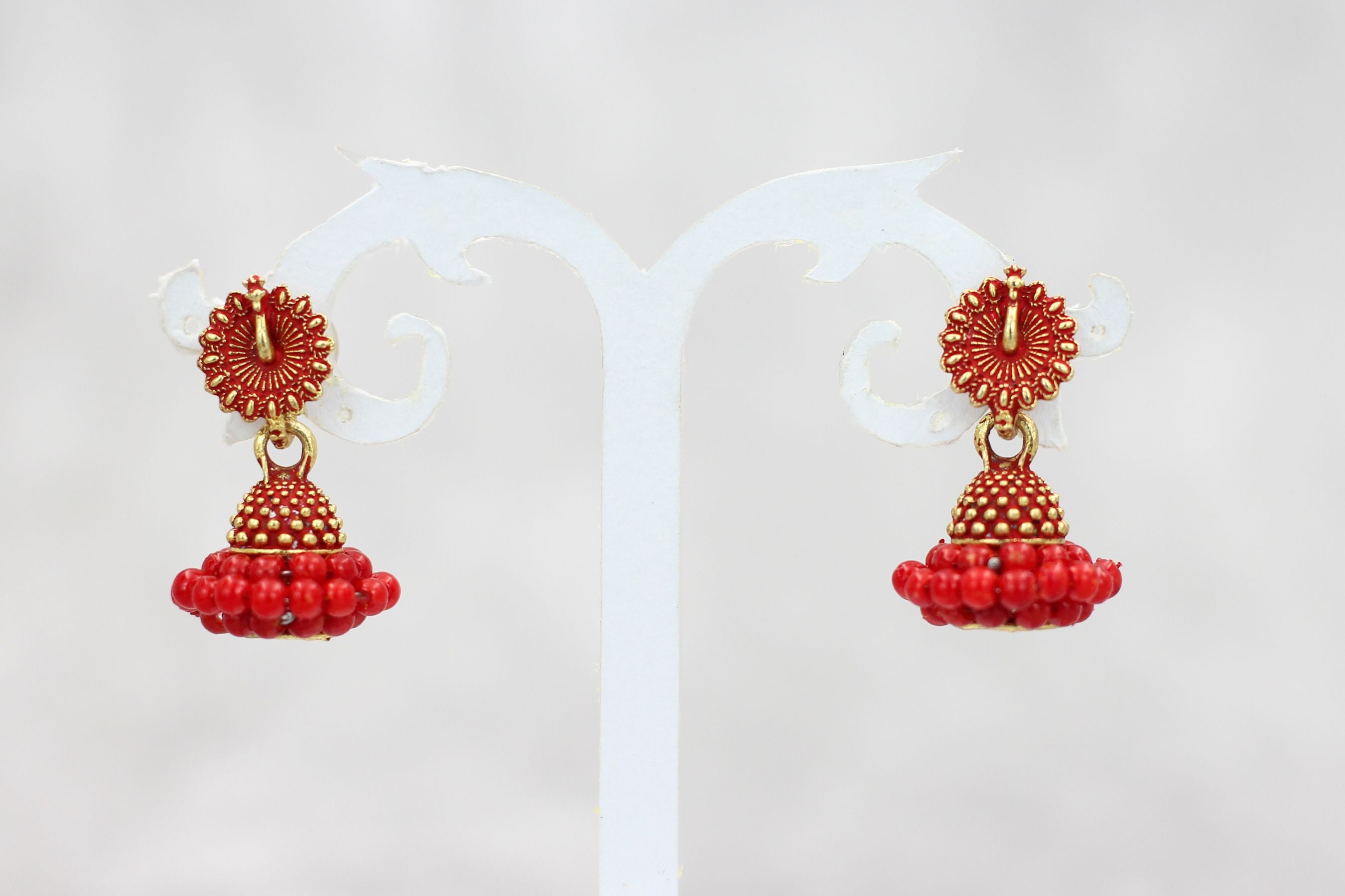 Regal Gold-Plated Oxidized Jhumka Earrings with Pearls - Ethnic Glamour Jewelry JCS Fashions Red 1 inch