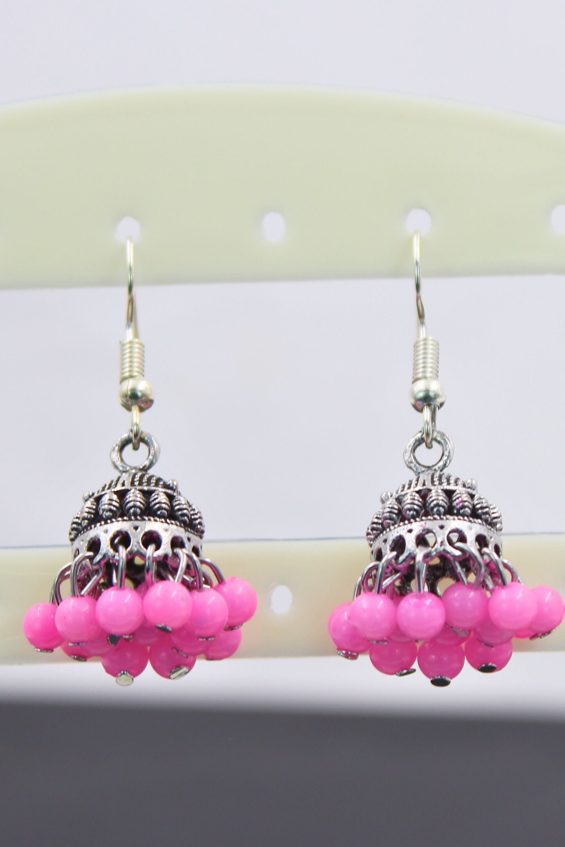 Colorful Jhumka Brass Earrings - Vibrant & Lightweight Traditional Jewelry JCS Fashions Light Pink 1.5 inch