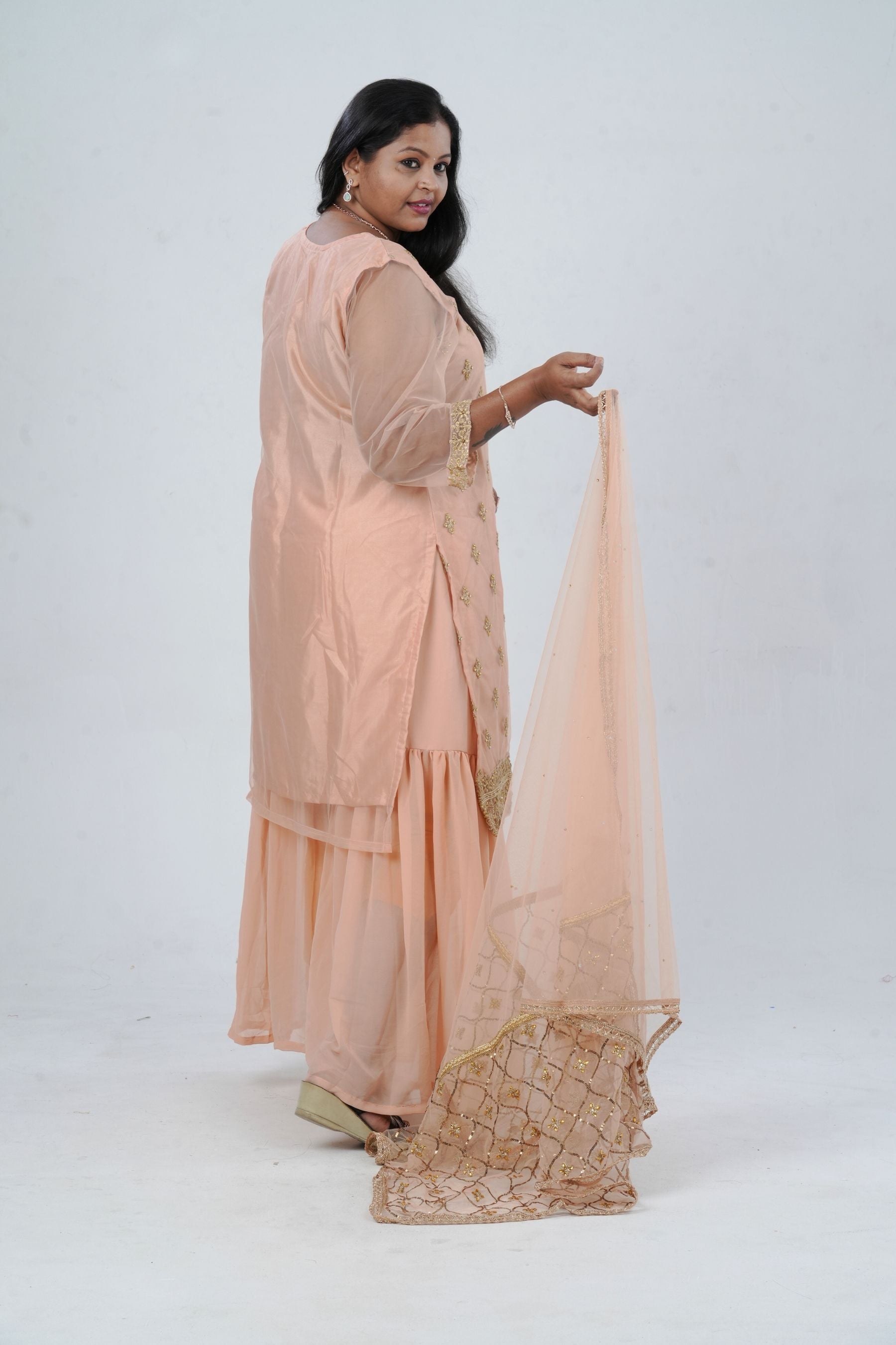 Plus Size: Ethnic Elegance: Soft Net Sharara in Peach KURTI JCS Fashions