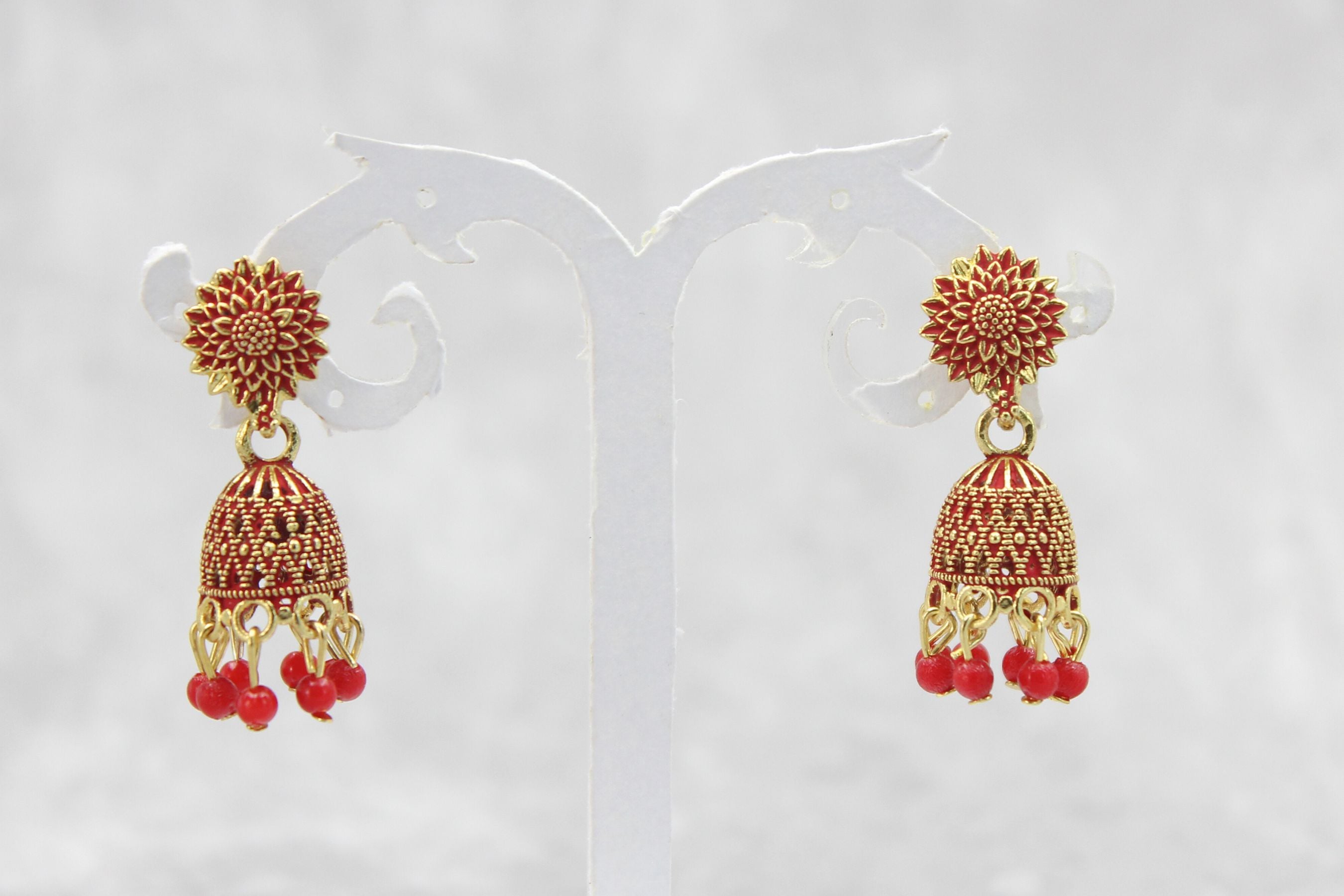 Opulent Gold Plated Jhumkas with Pearls - Durable & Elegant Earrings Jewelry JCS Fashions Red 1.3 inch