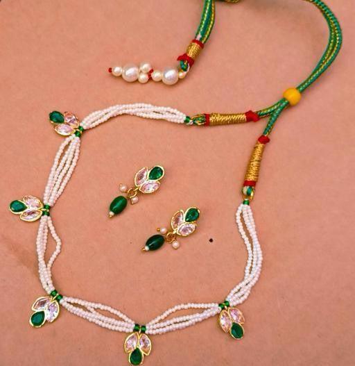 Gold-Plated White Pearl & Red Bead Choker Set with Earrings - JCSFashions