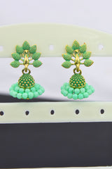 Gold-Plated Oxidised Jhumka Earrings with Faux Pearls & Meenakari Accent