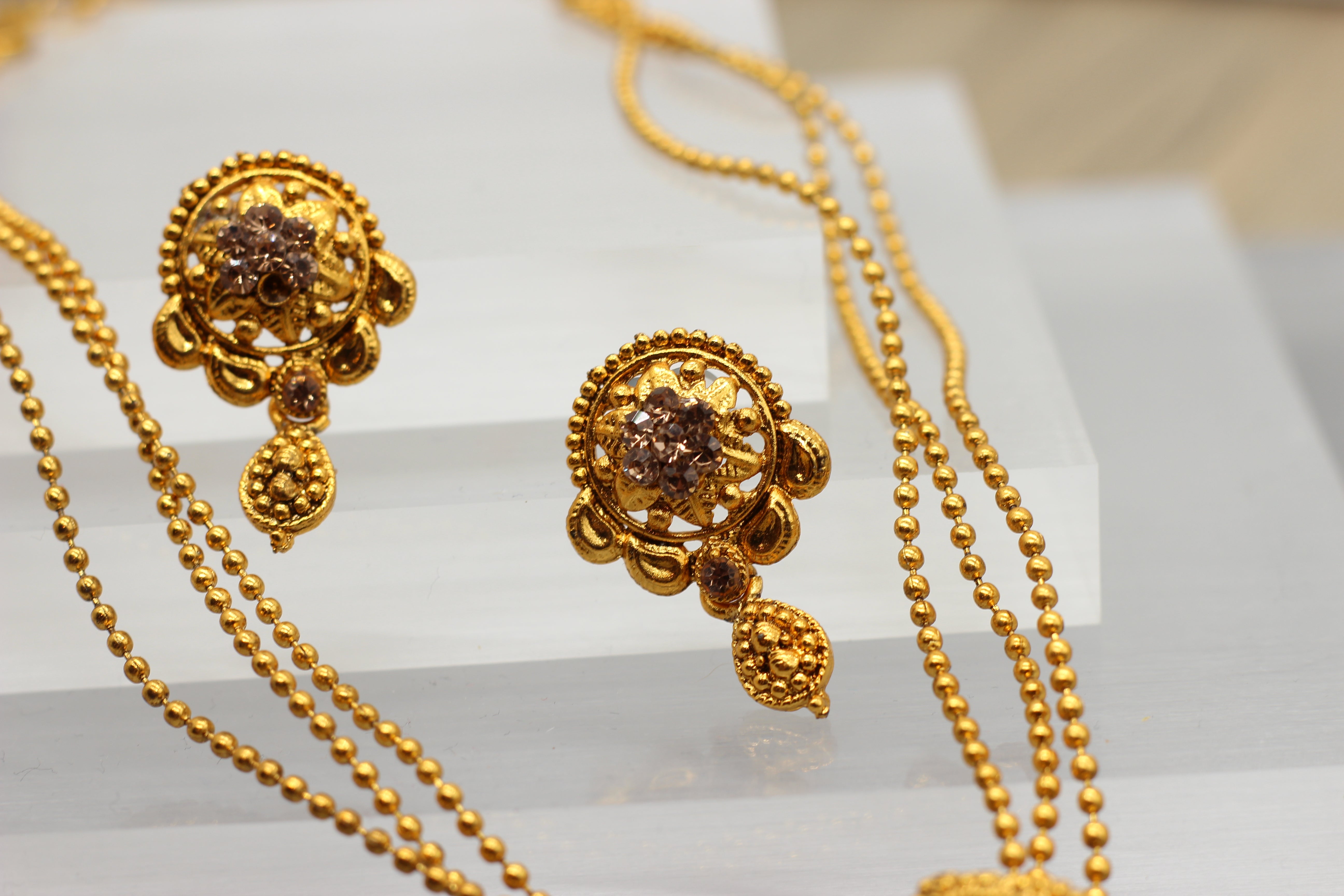 Traditional Matte Gold Chain and Earring Set - Exquisite Temple Jewelry Jewelry JCS Fashions