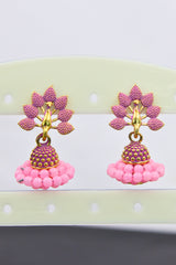 Gold-Plated Oxidised Jhumka Earrings with Faux Pearls & Meenakari Accent