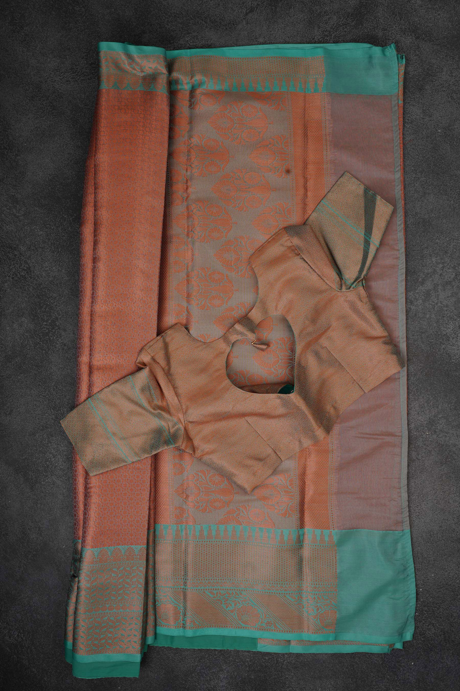 Radiant Banarasi Copper Soft Silk Saree with Designer Contrast Blouse Saree JCS Fashions