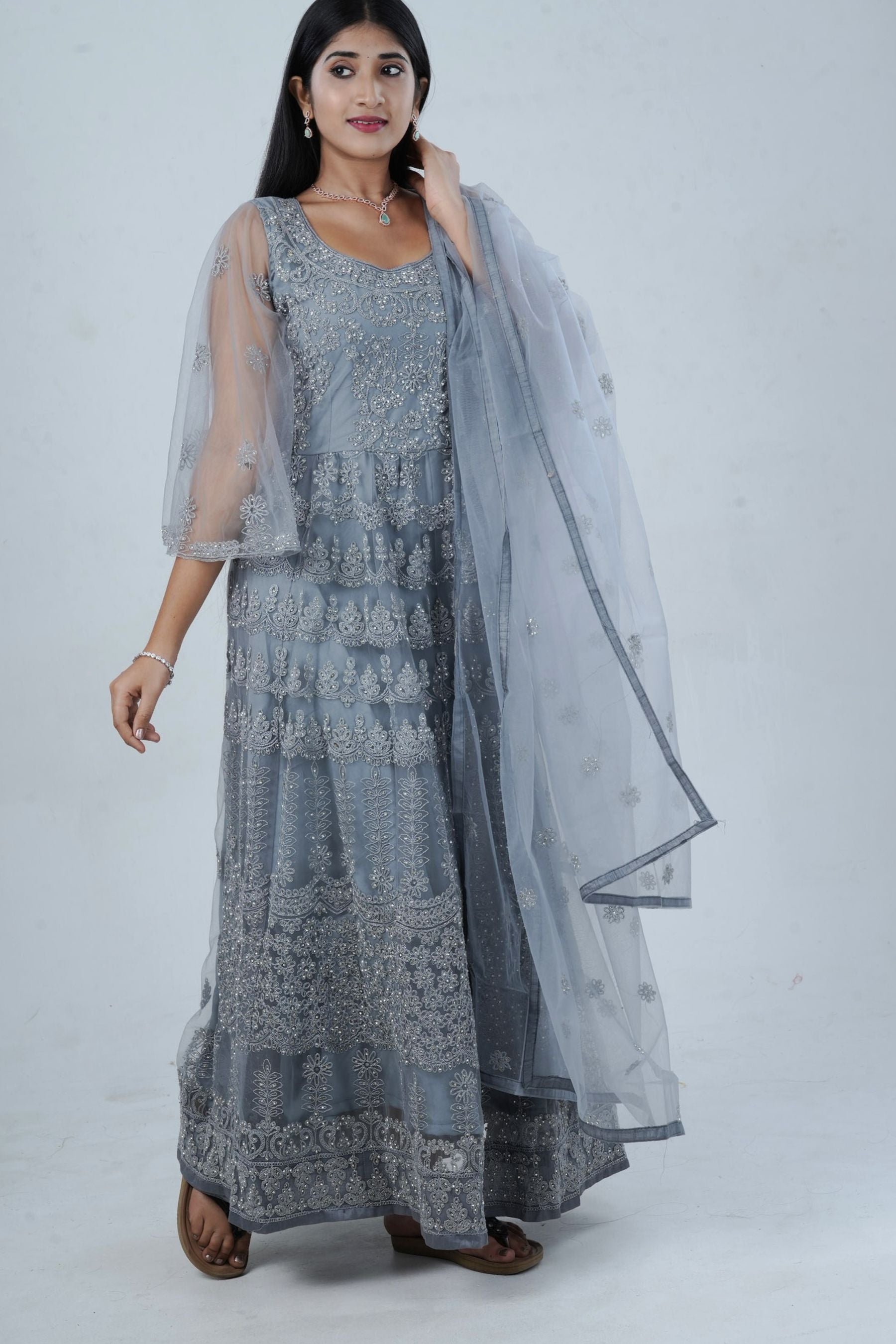 Luxurious Embroidered Long Gown with Stone Work KURTI JCS Fashions Grey Medium (38)