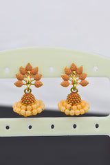 Gold-Plated Oxidised Jhumka Earrings with Faux Pearls & Meenakari Accent