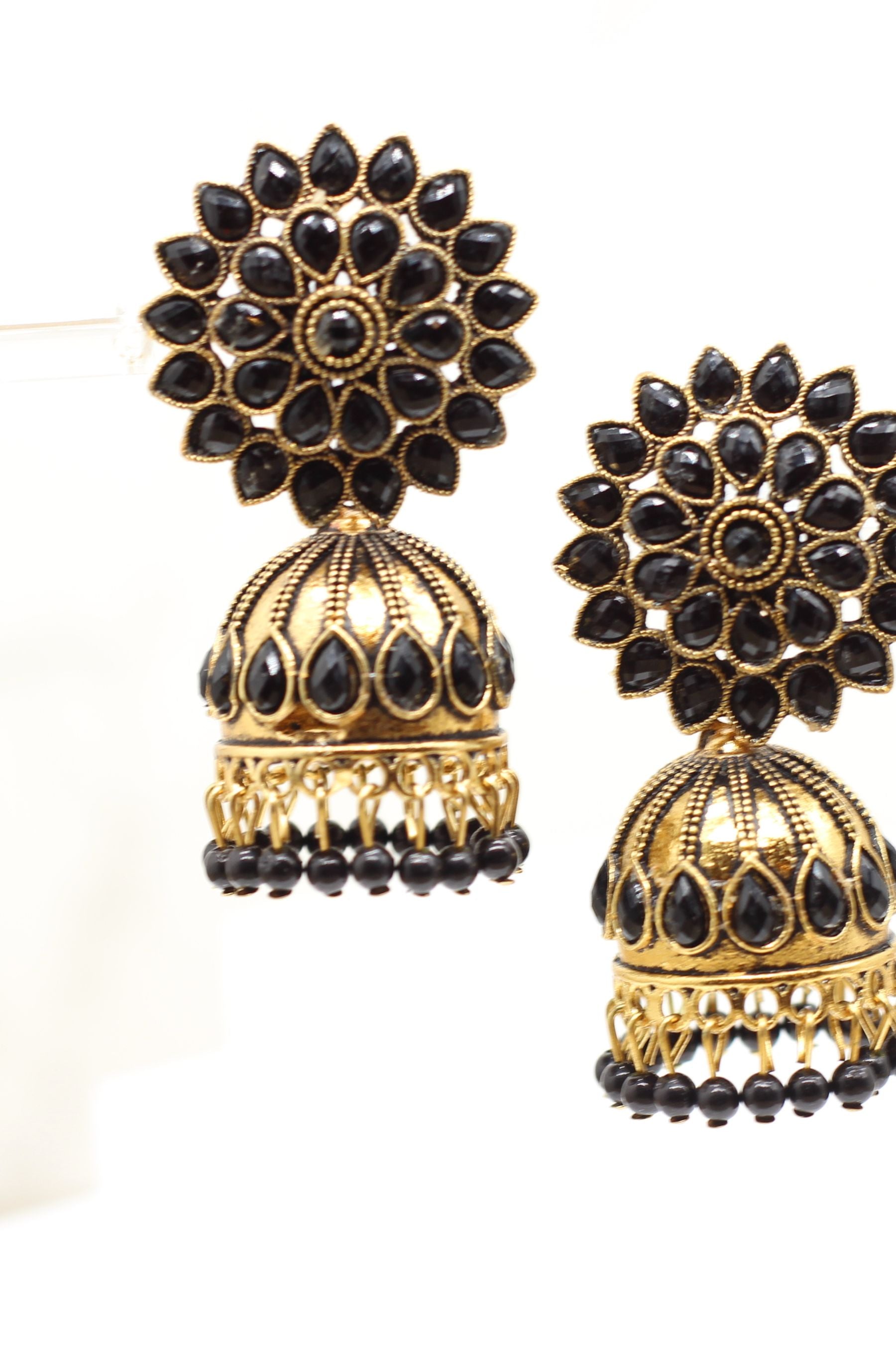 Antique Gold Jhumka Earrings: Elegant Beads, Explore Chic Glam Jewelry JCS Fashions