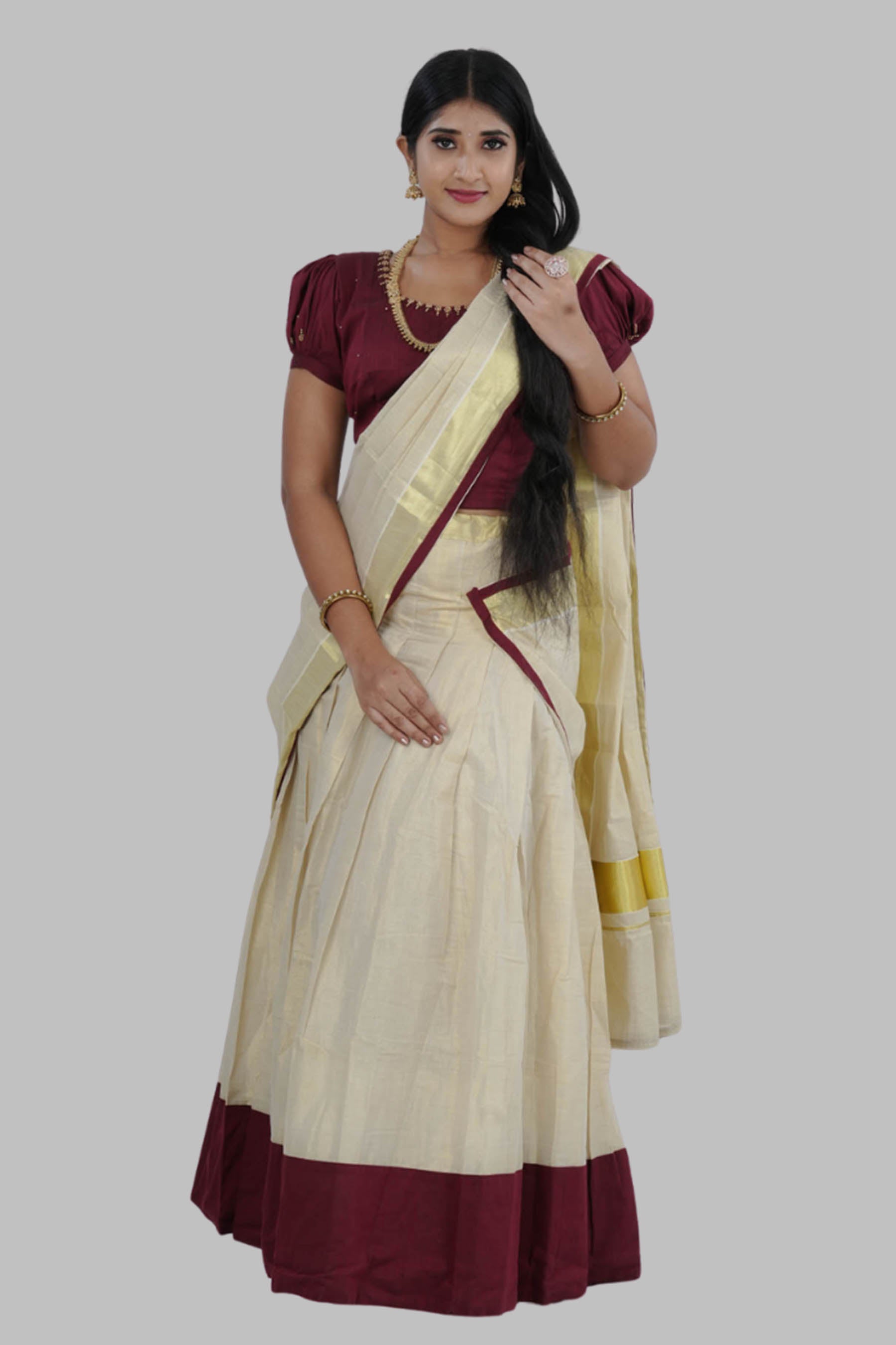 High-quality Kerala Cotton Lehenga Set in Golden Tissue fabric