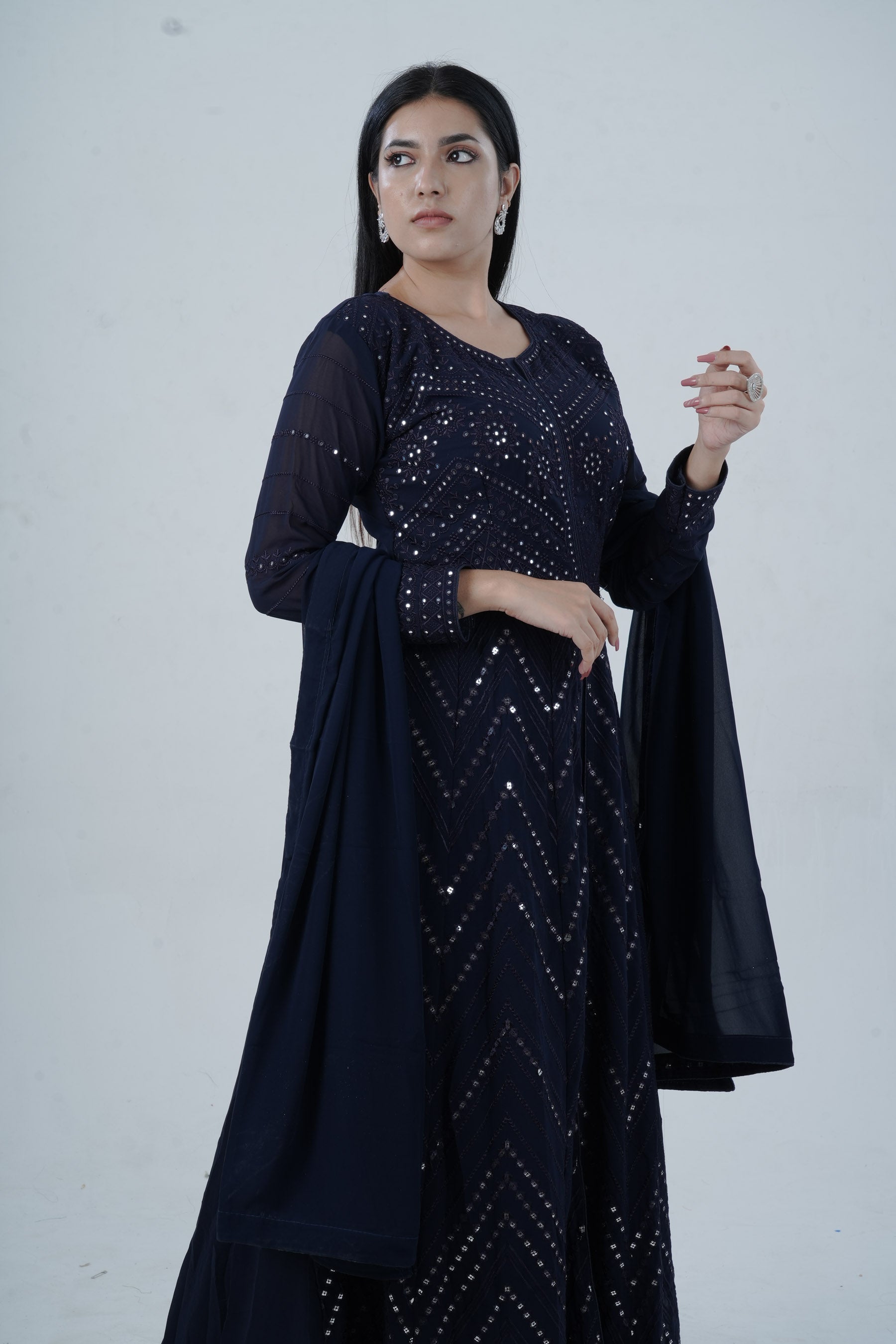 Elegant Floor-Length Gown with Embroidery & Sequins - Navy Blue KURTI JCS Fashions