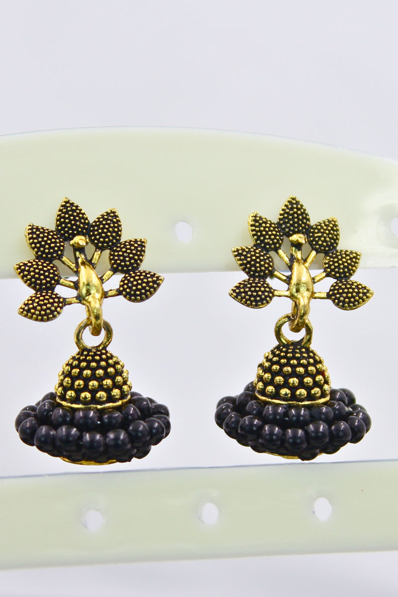 Gold-Plated Oxidised Jhumka Earrings with Faux Pearls & Meenakari Accent