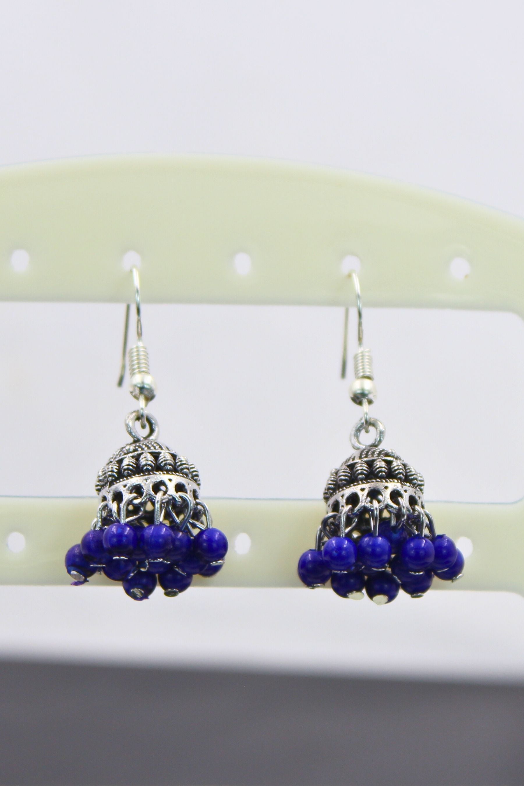 Colorful Jhumka Brass Earrings - Vibrant & Lightweight Traditional Jewelry JCS Fashions Royal Blue 1.5 inch