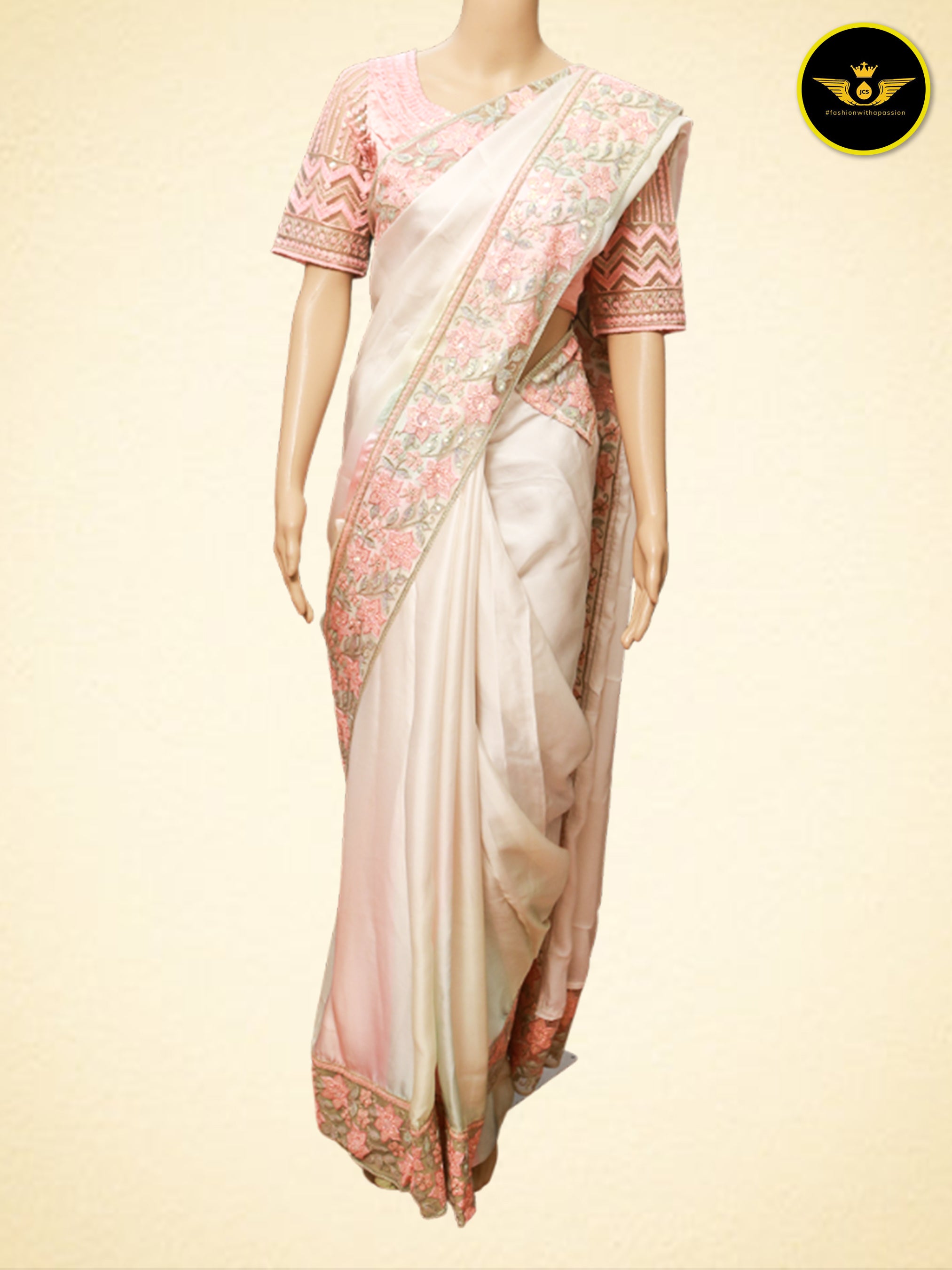 Shaded Italian Crepe Saree: Exquisite Pattern & Cut Work Border Saree JCS Fashions Cream 5.5 meters