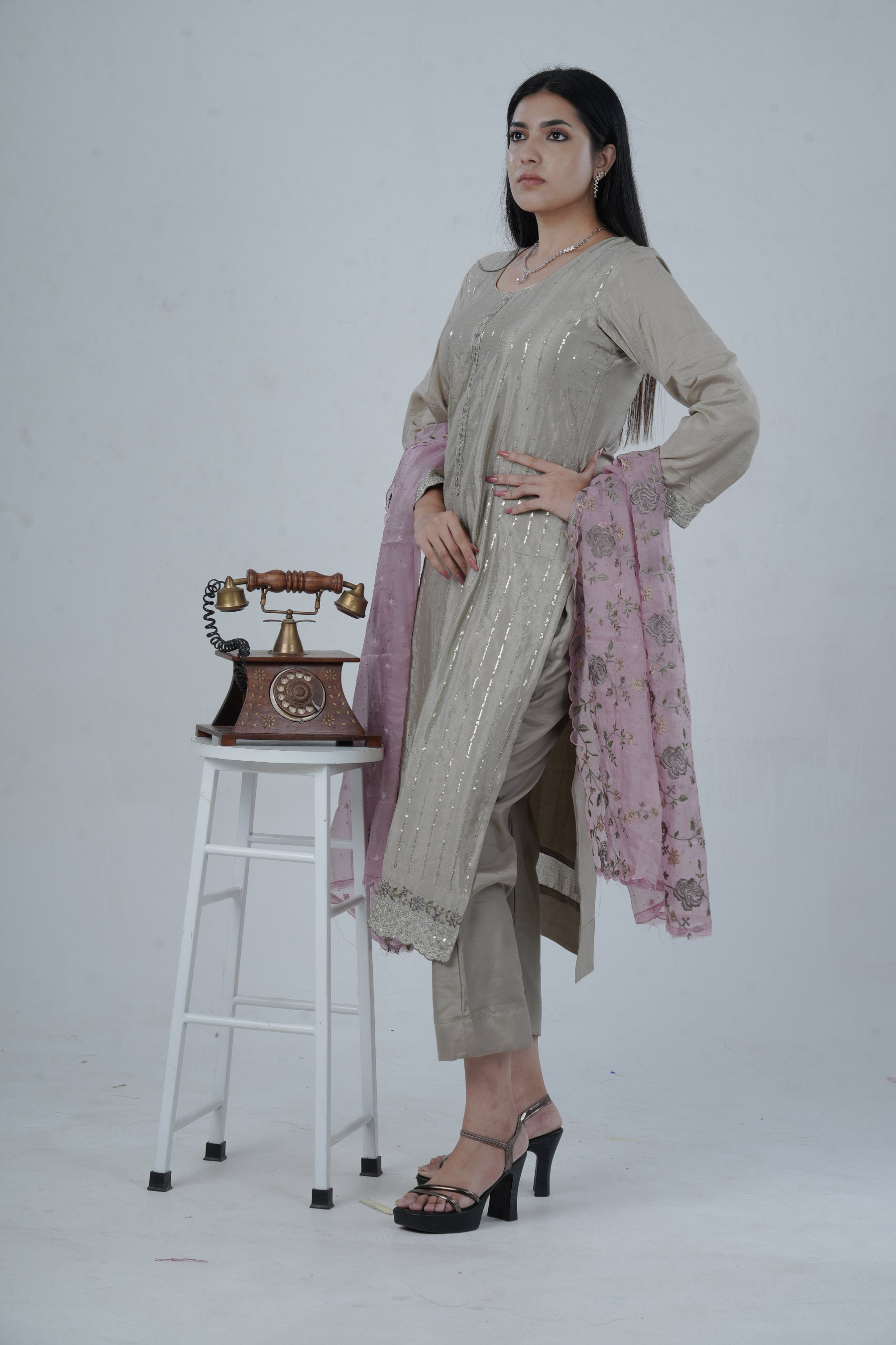 Embroidered Sequin Work Soft Chinnon Salwar Kameez - Elegant and Trendy Kurti JCS Fashions Grey Medium (38)