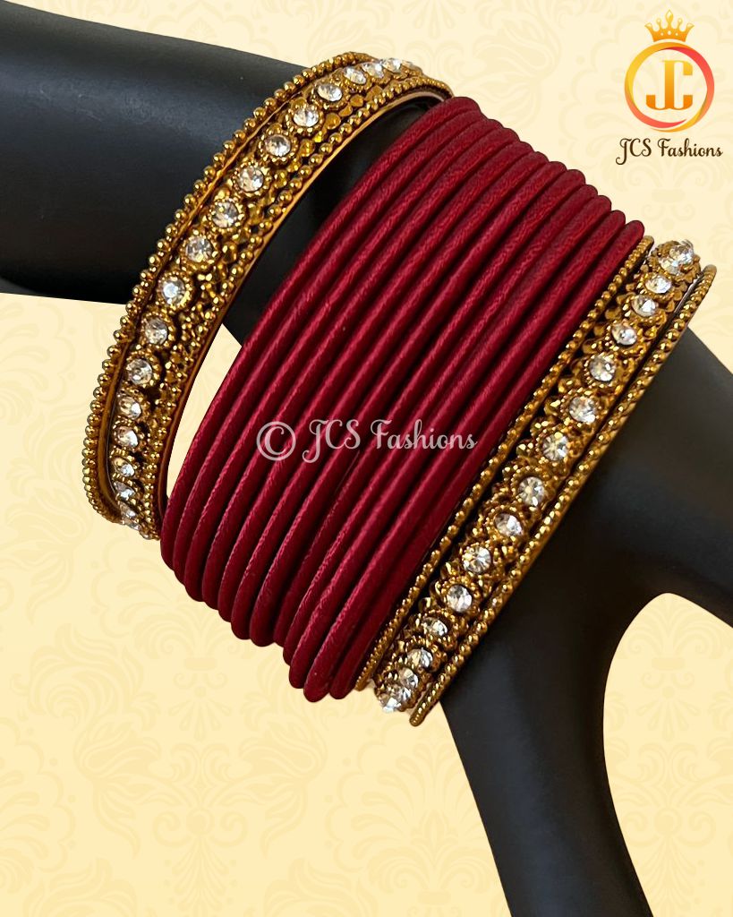 Stylish Silk Thread and Stone Bangles - Maroon - JCSFashions