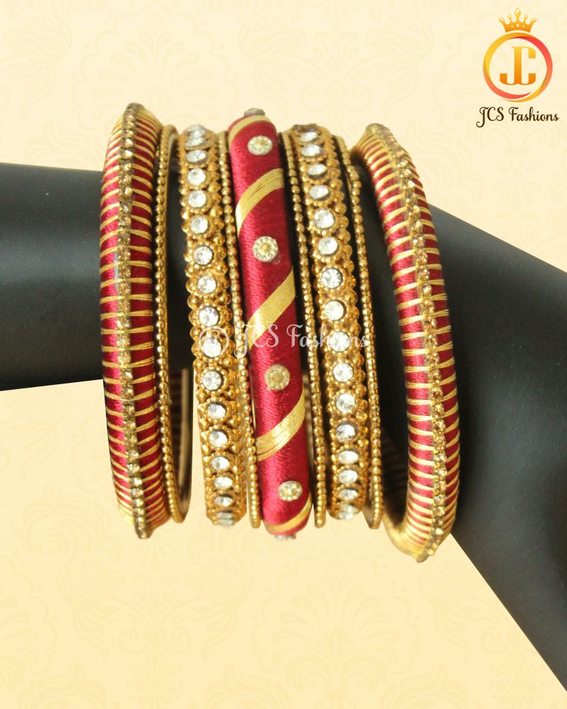 Red and Gold Silk Thread Bangles: Elegant Metal & Stone Fillers