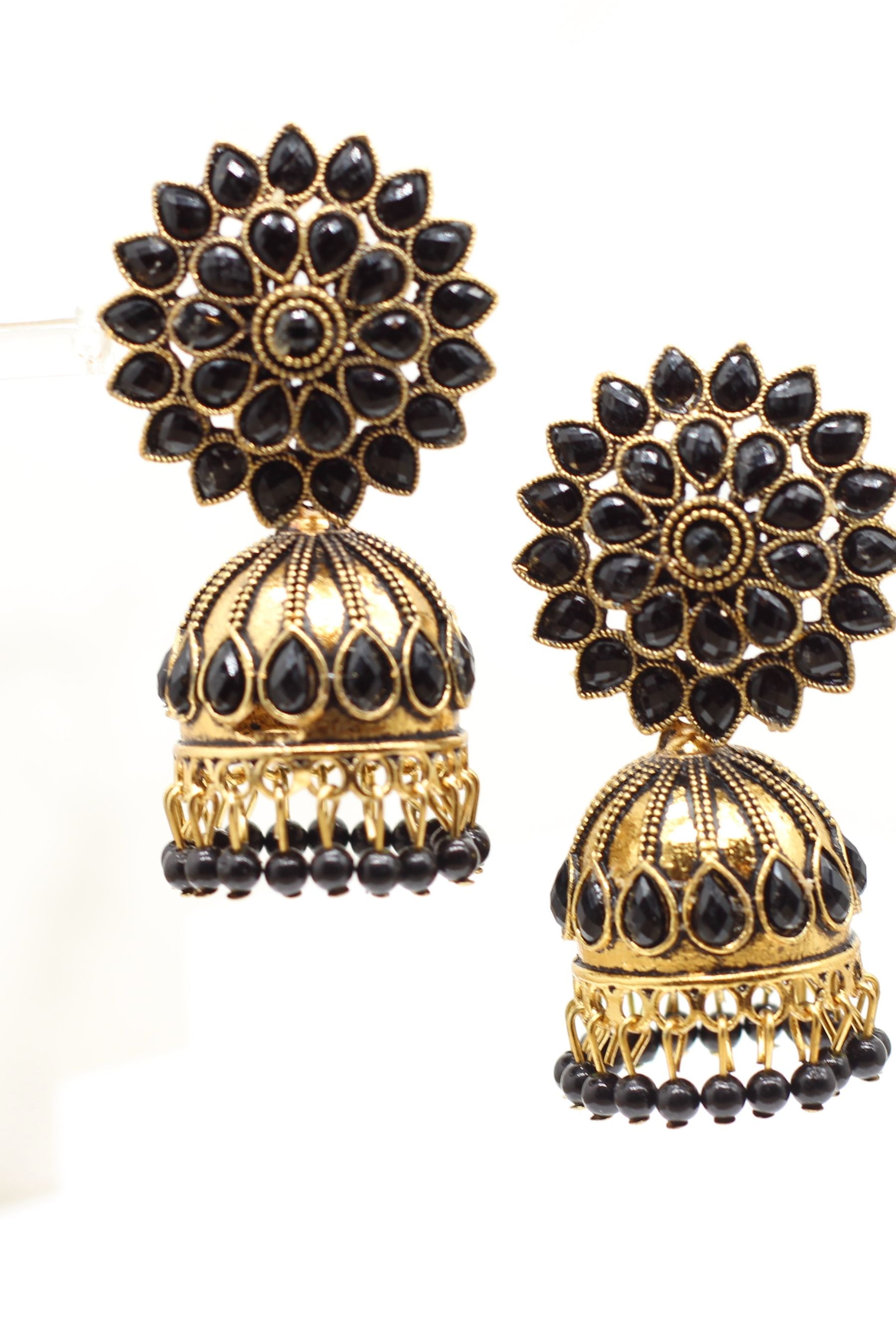 Antique Gold Jhumka Earrings: Elegant Beads, Explore Chic Glam Jewelry JCS Fashions Black 2"