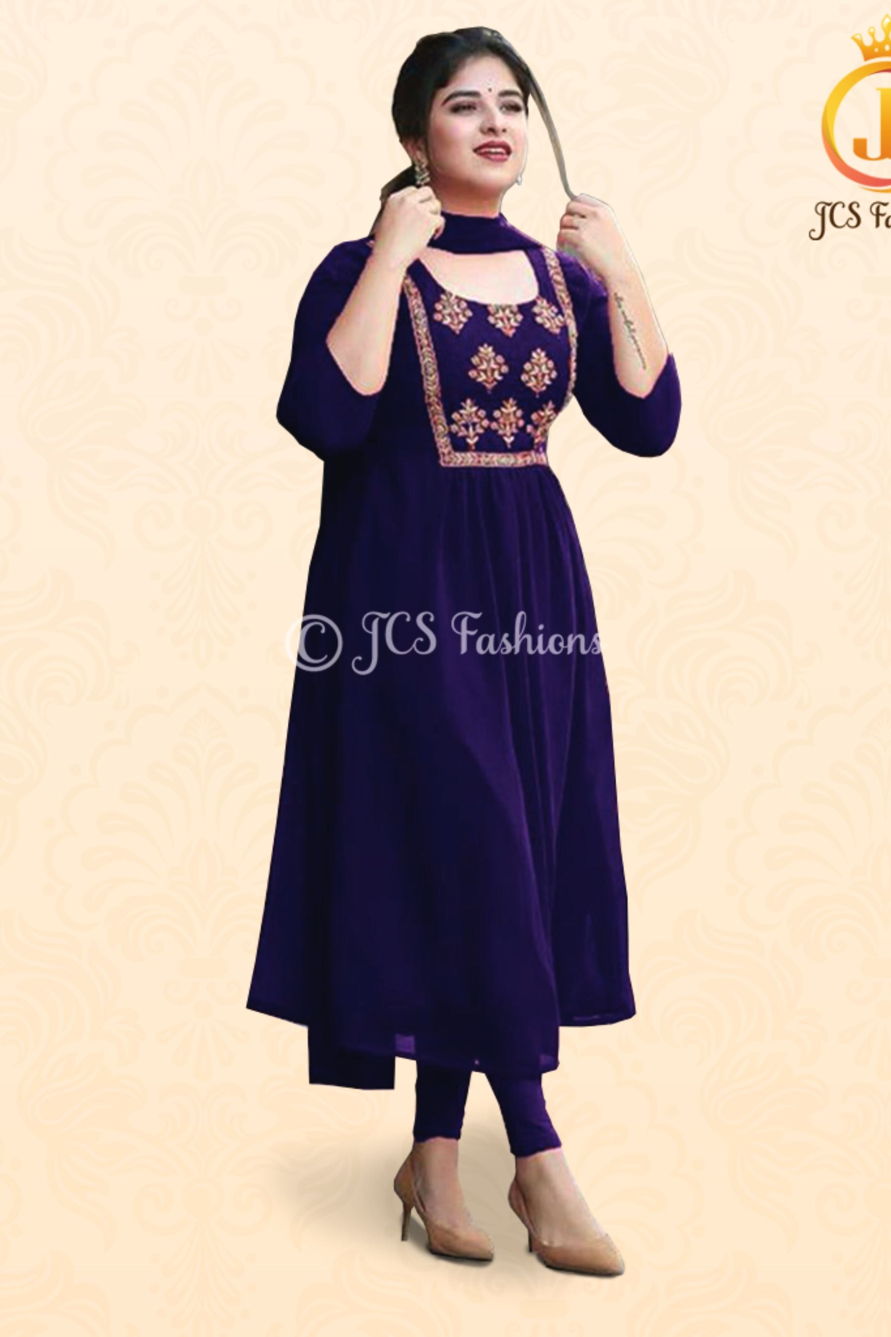 Embroidery Work Anarkali Dress with Bottom and Dupatta KURTI JCS Fashions Blue Medium (38)