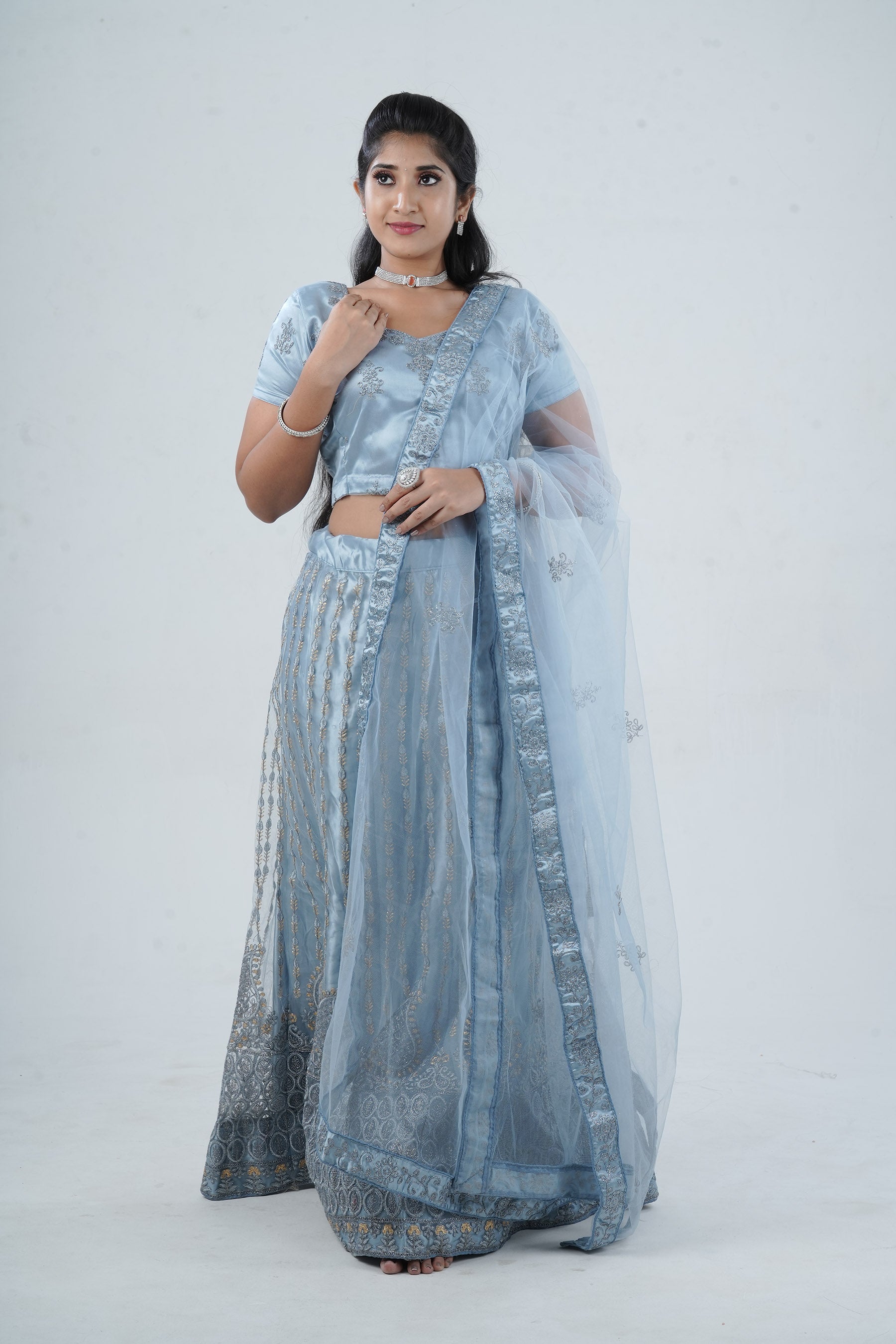 Exquisite Designer Soft Net Lehenga & Glitter-Embroidered Crop Top Set