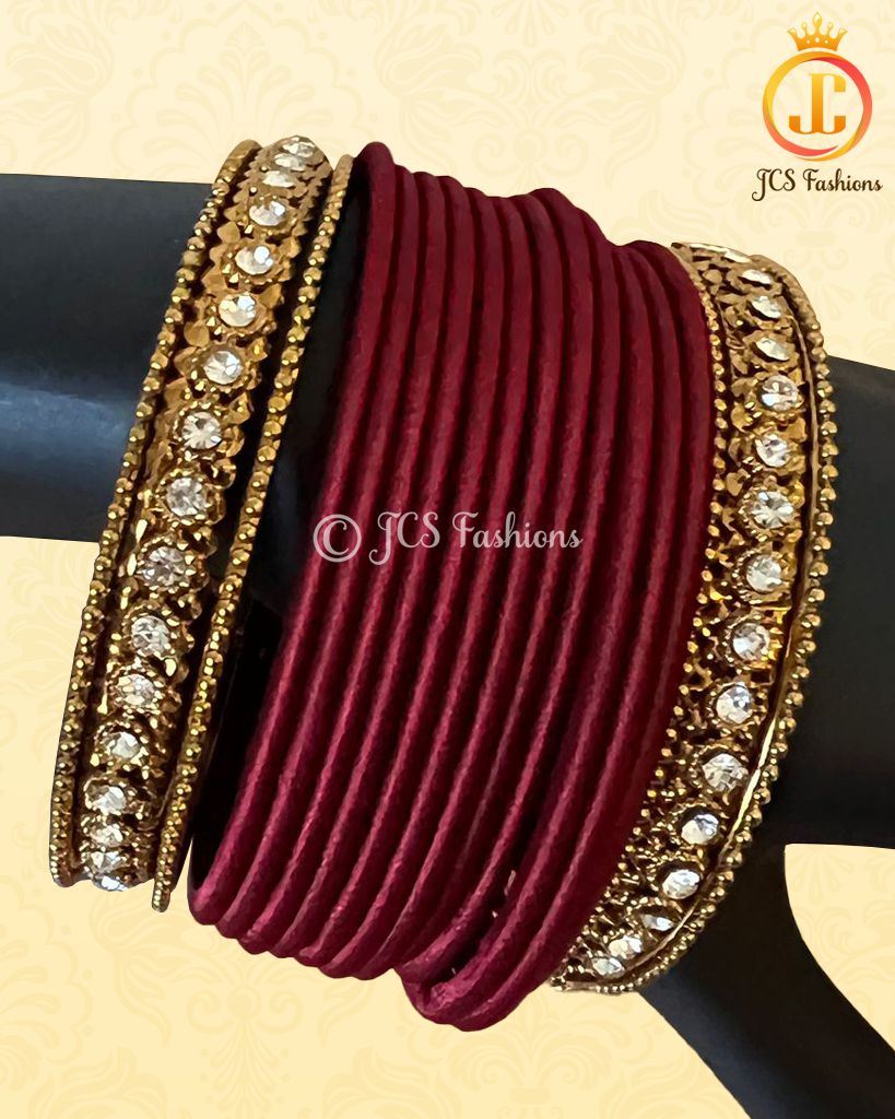 Stylish Silk Thread and Stone Bangles - Maroon - JCSFashions