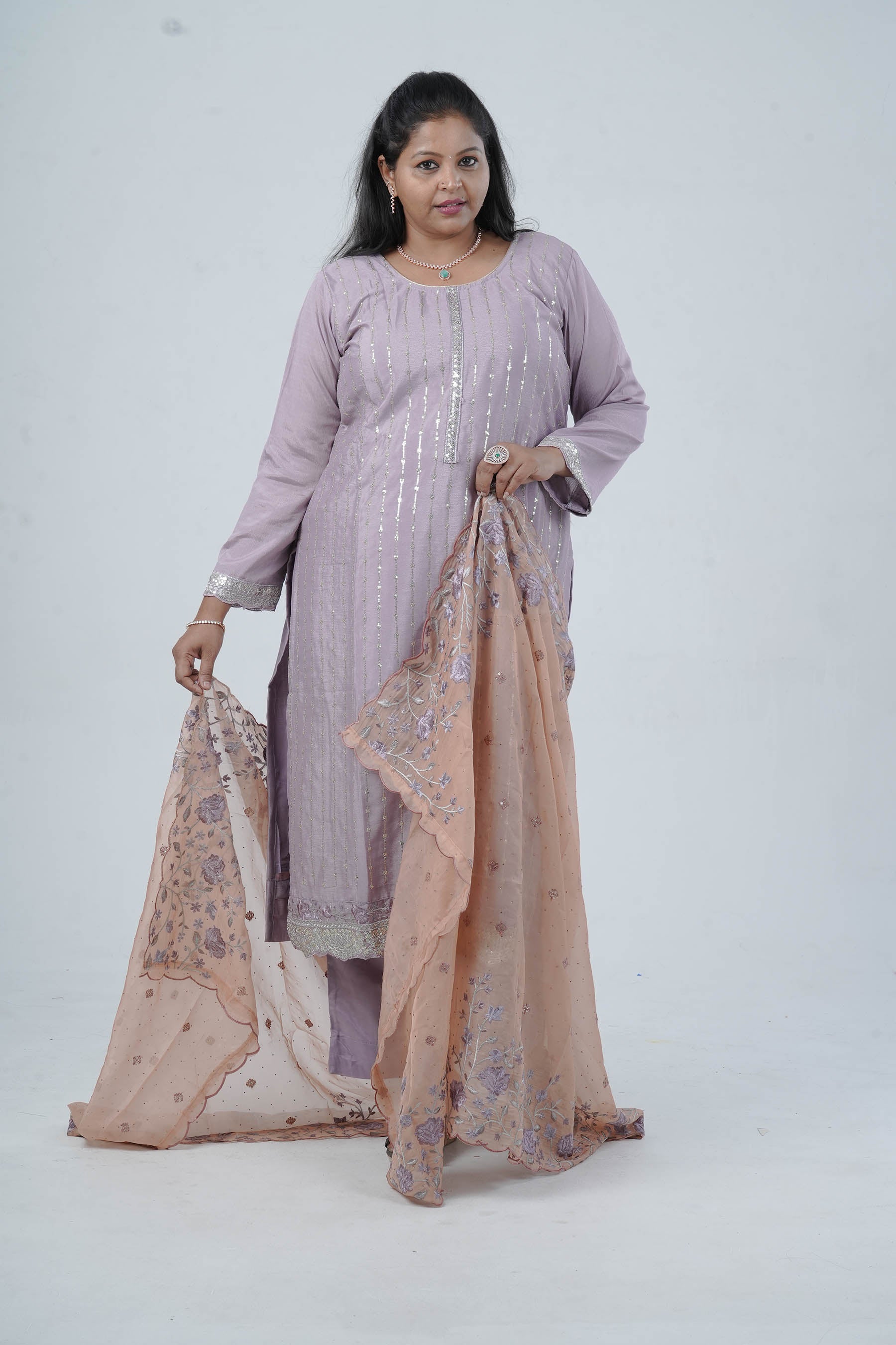 Embroidered Chinnon Kurti with Sequins | Stylish Ethnic Wear KURTI JCS Fashions Mauve X-Large (42)