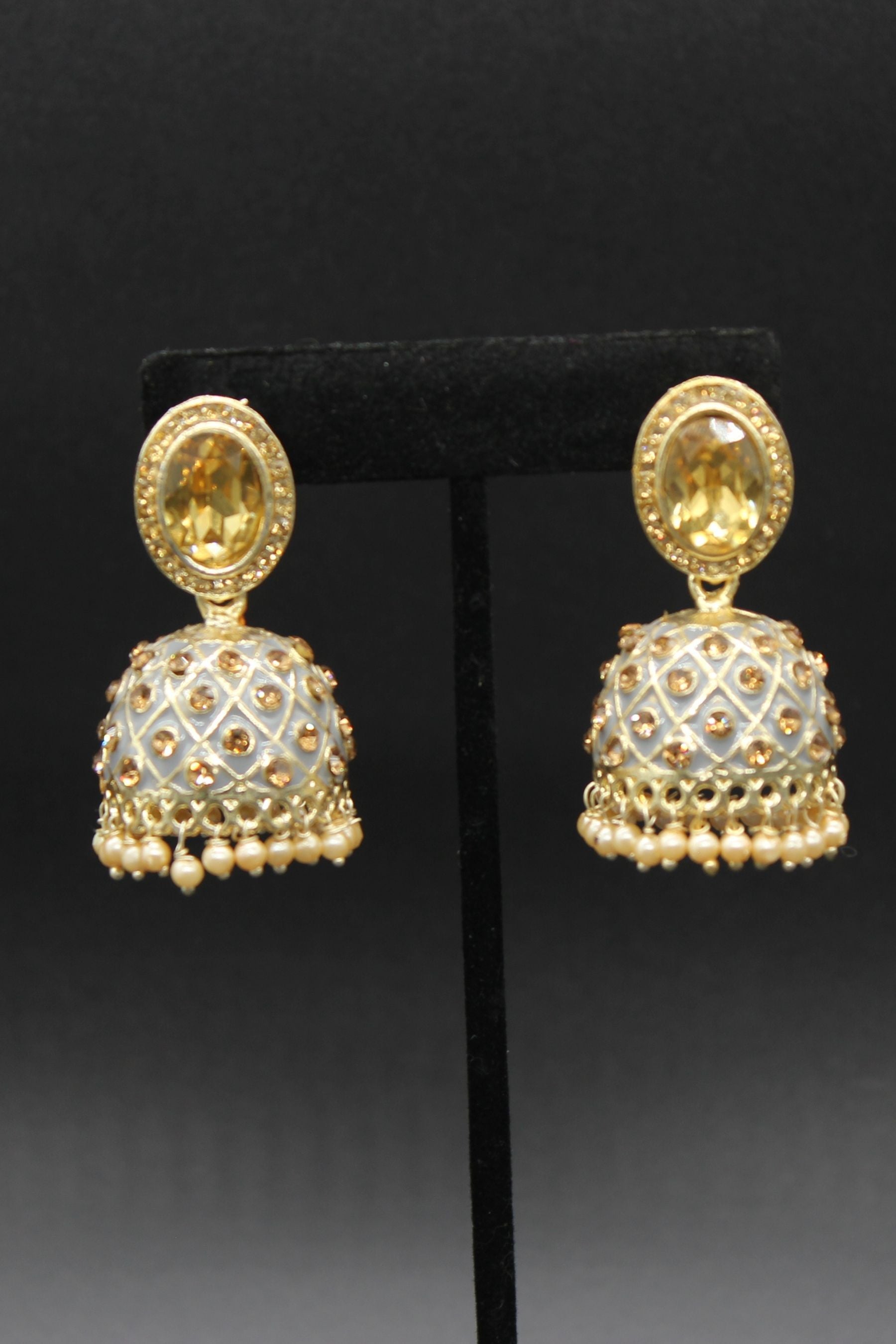 Kundan Jhumka Earrings With stones. Multiple Colors Available Jewelry JCS Fashions Grey 2 inch