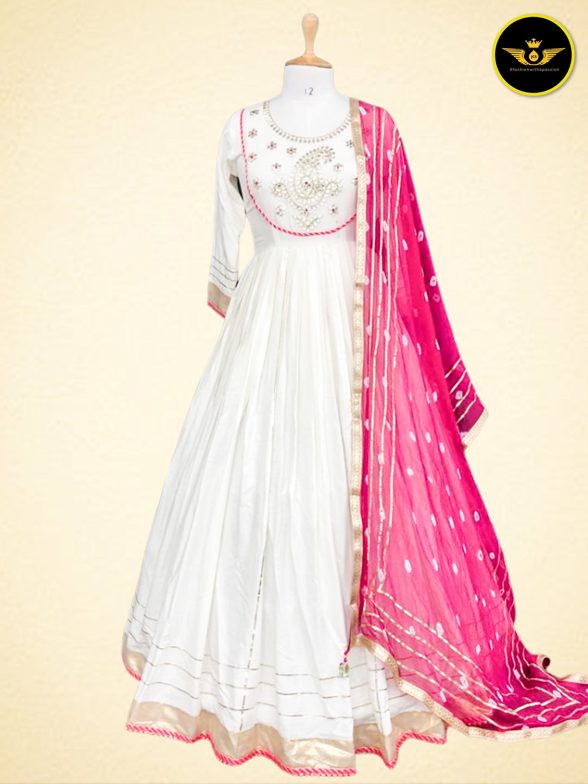 Beautiful Anarkali Gown with Bandej Dupatta in Mesmerizing White KURTI JCS Fashions White Medium (38)