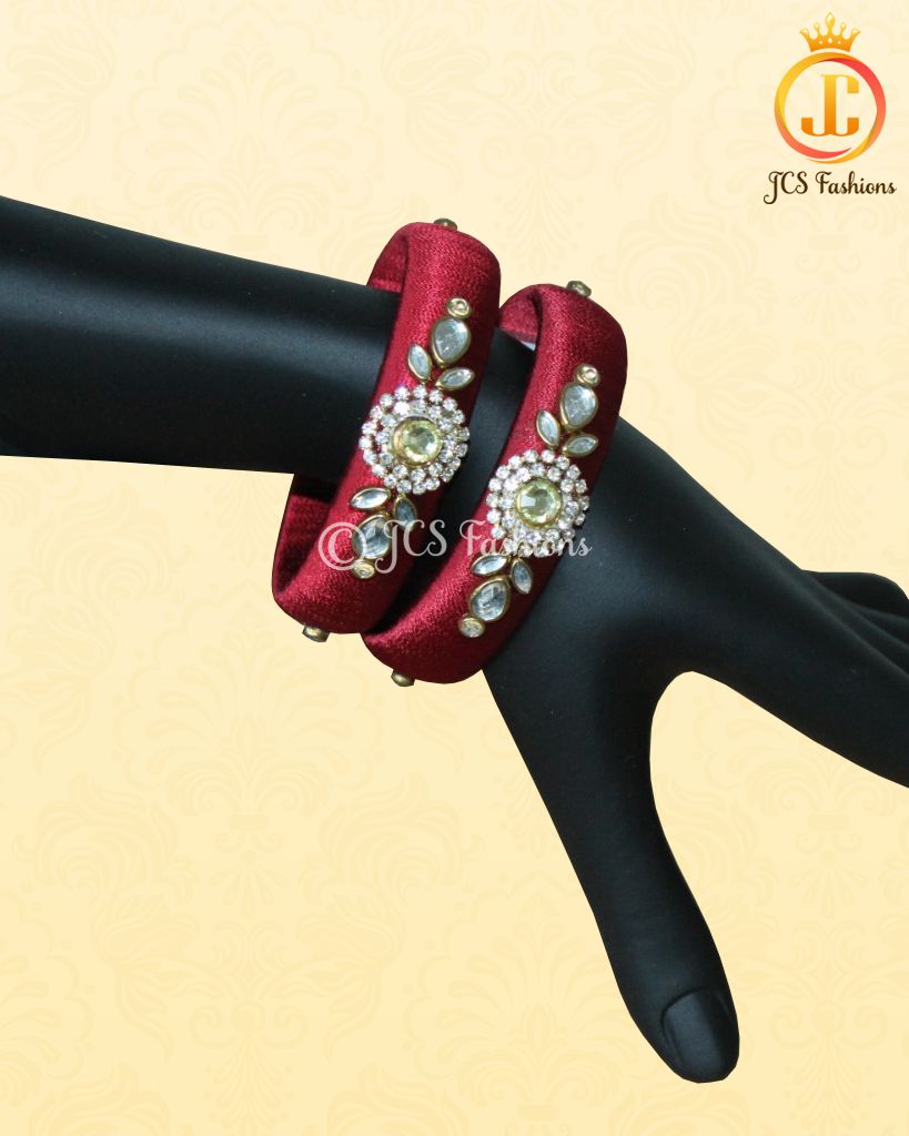 Maroon Silk Thread Bangles with Stone and Aari Work