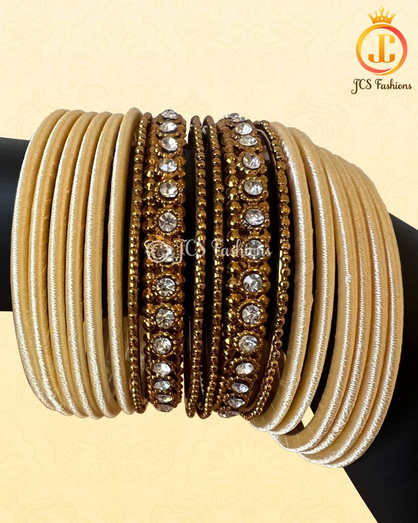 Cream Wedding Silk Thread Bangles with Stone Filler | Size: 2.2