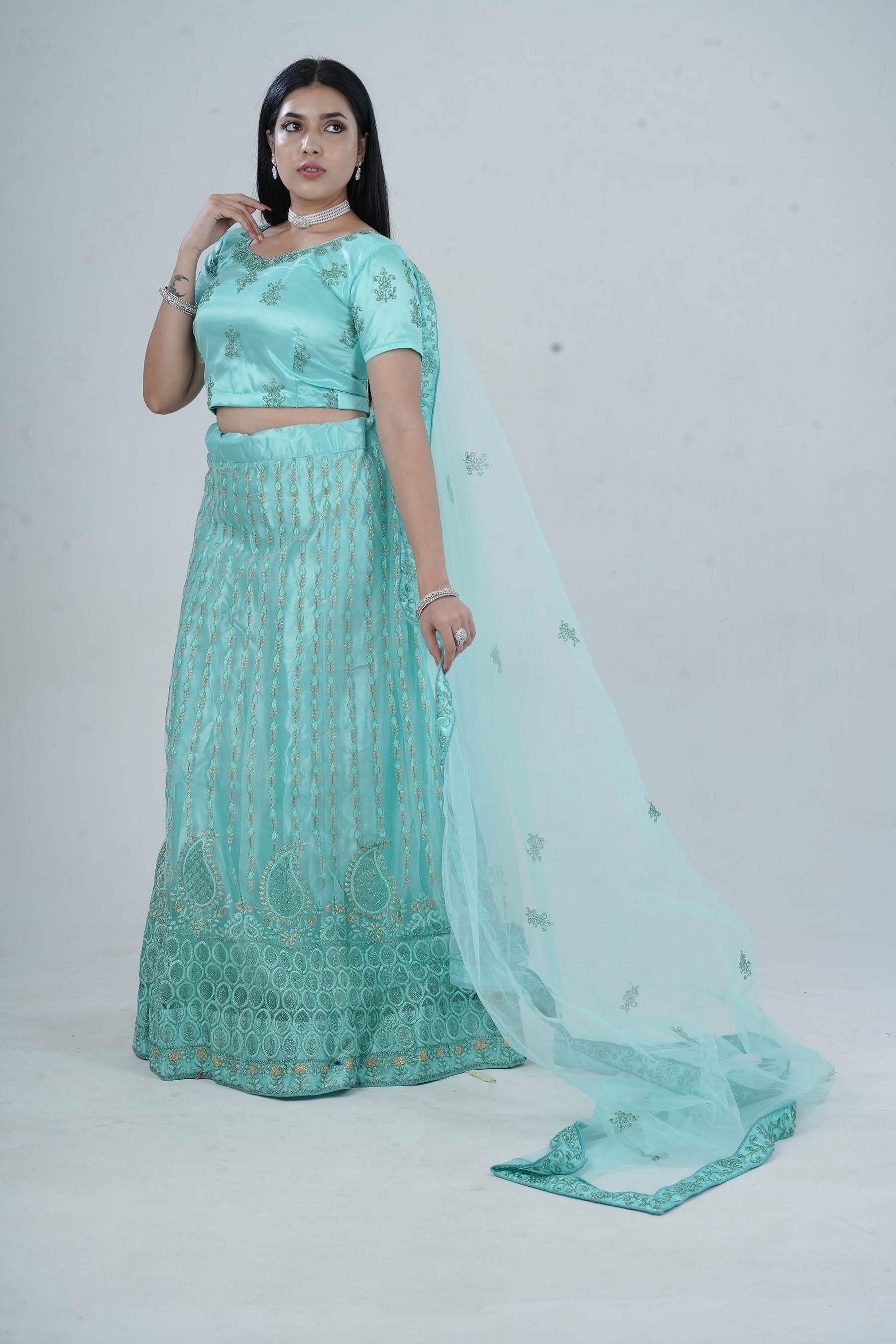 Opulent Glitter Embroidered Soft Net Lehenga with Stylish Crop Top Set LEHENGA JCS Fashions