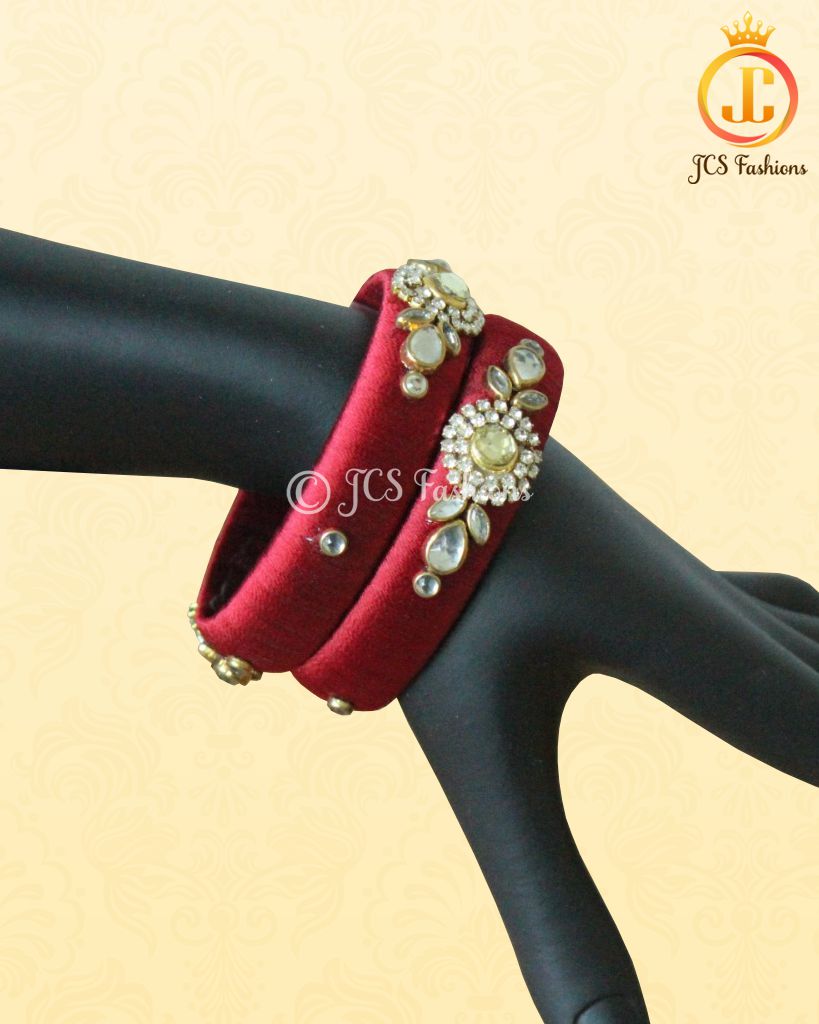 Maroon Silk Thread Bangles with Stone and Aari Work