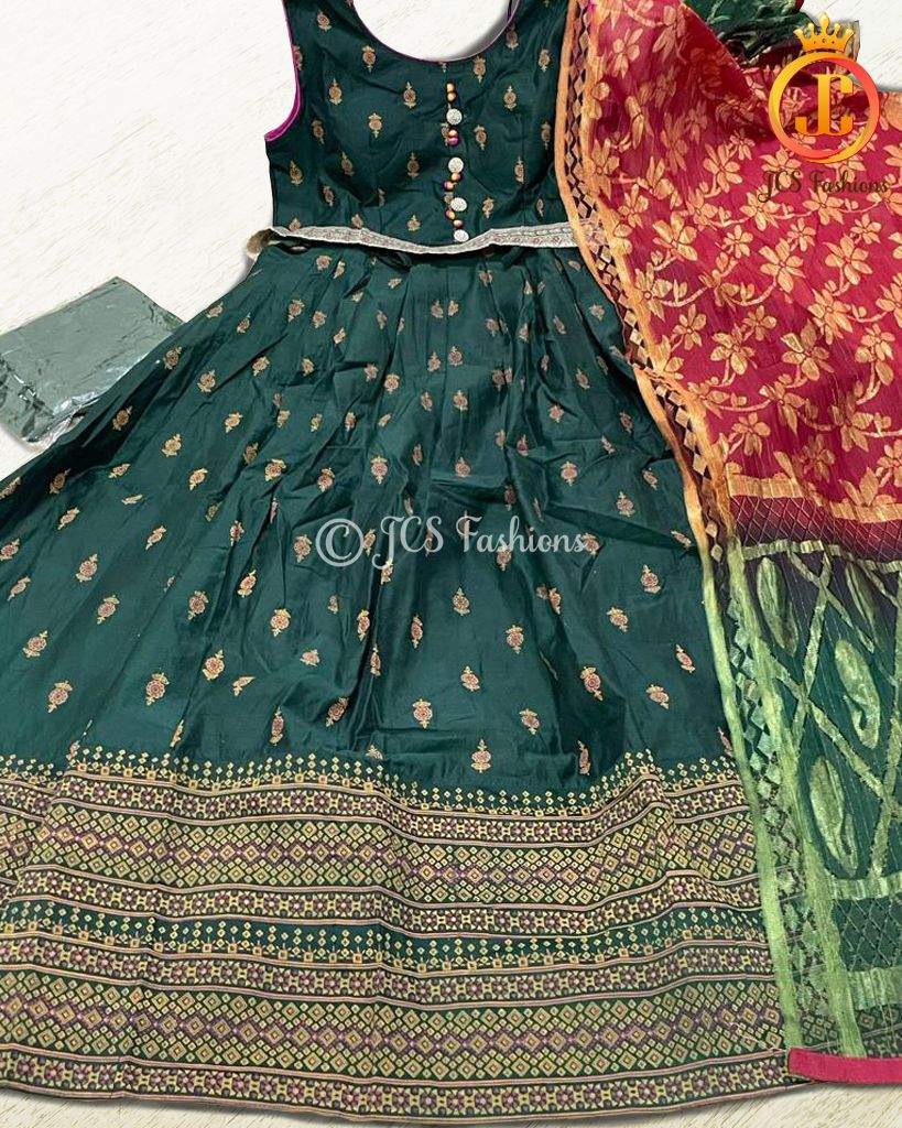 Chanderi Long Gown With Separate Belt And Beautiful Dupatta KURTI JCS Fashions Bottle Green Large (40)